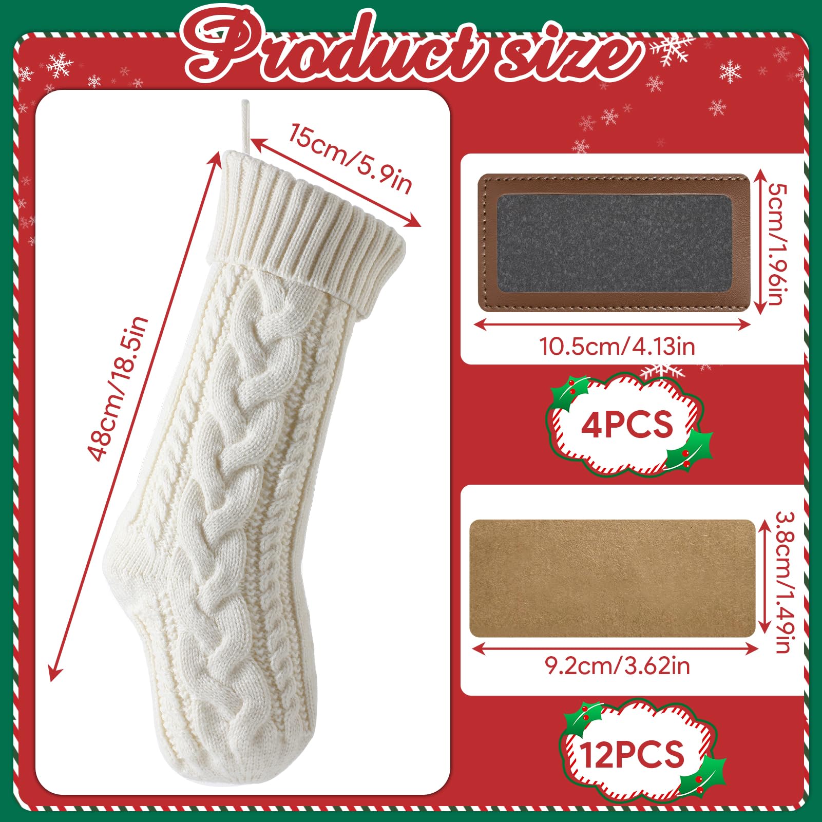 4 Pack Personalized Christmas Stockings with Leather Patches - Custom Name Family Xmas Stockings, 18.5
