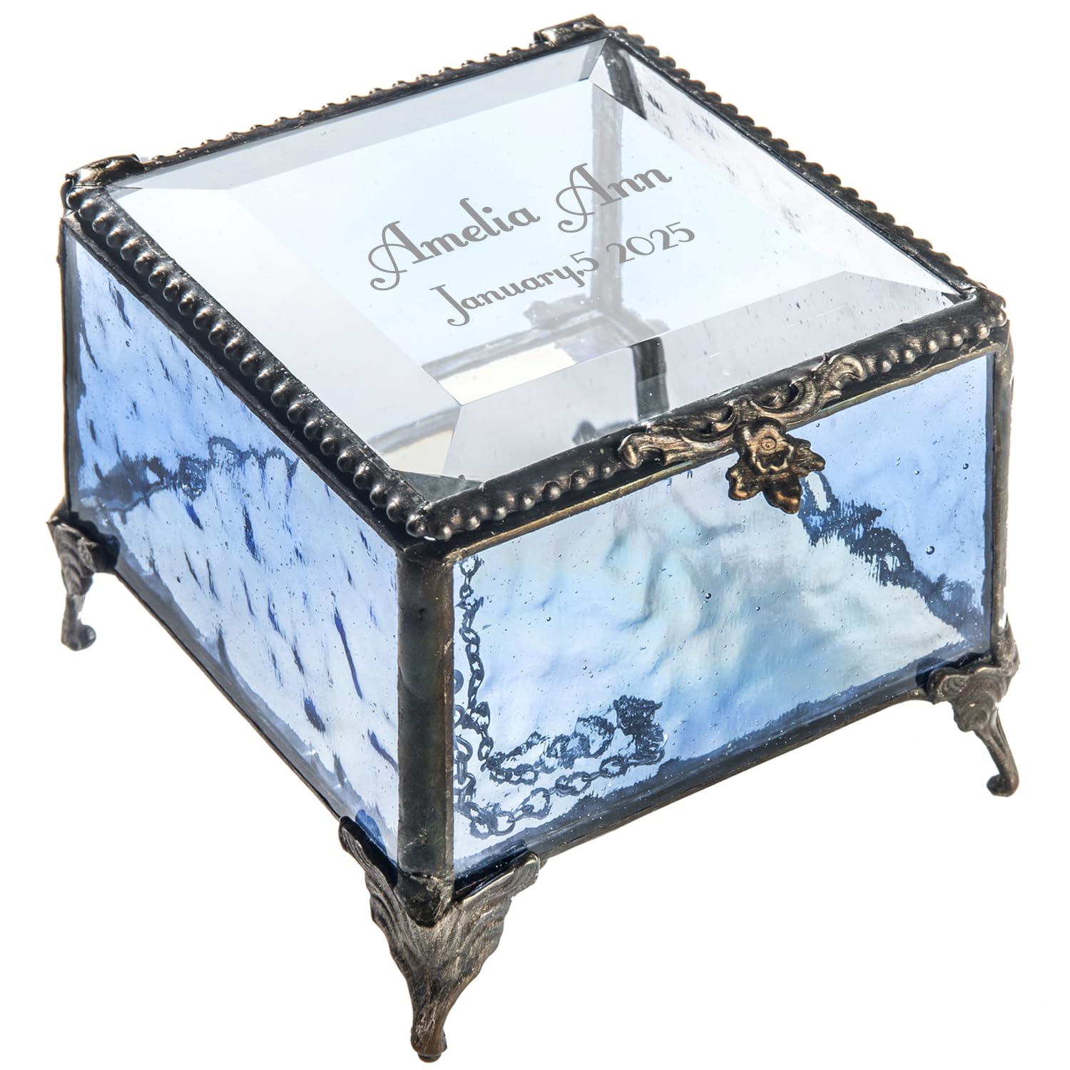 Personalized Baby Keepsake Box - Custom Engraved Christening Gift Box for Baptism, First Communion & Baby Shower - Blue Glass Jewelry Trinket Storage - Perfect for Newborn Memories & Special Occasions - J Devlin Box 837 EB217-2