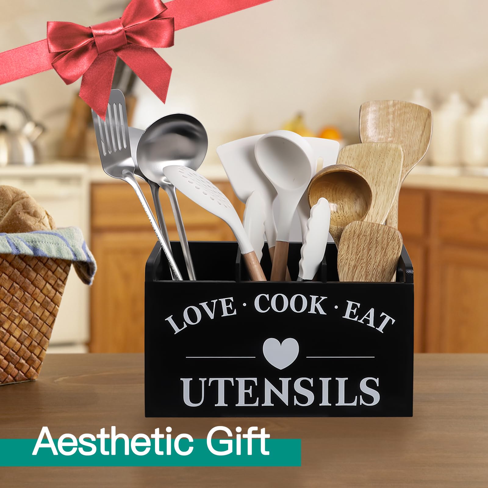 3 Compartment Wooden Utensil Holder - Large Kitchen Countertop Organizer for Cooking Tools, Spoons & Spatulas | Pine Wood Crock with Natural Finish | Perfect for Kitchen Decor & Utensil Storage (Black)