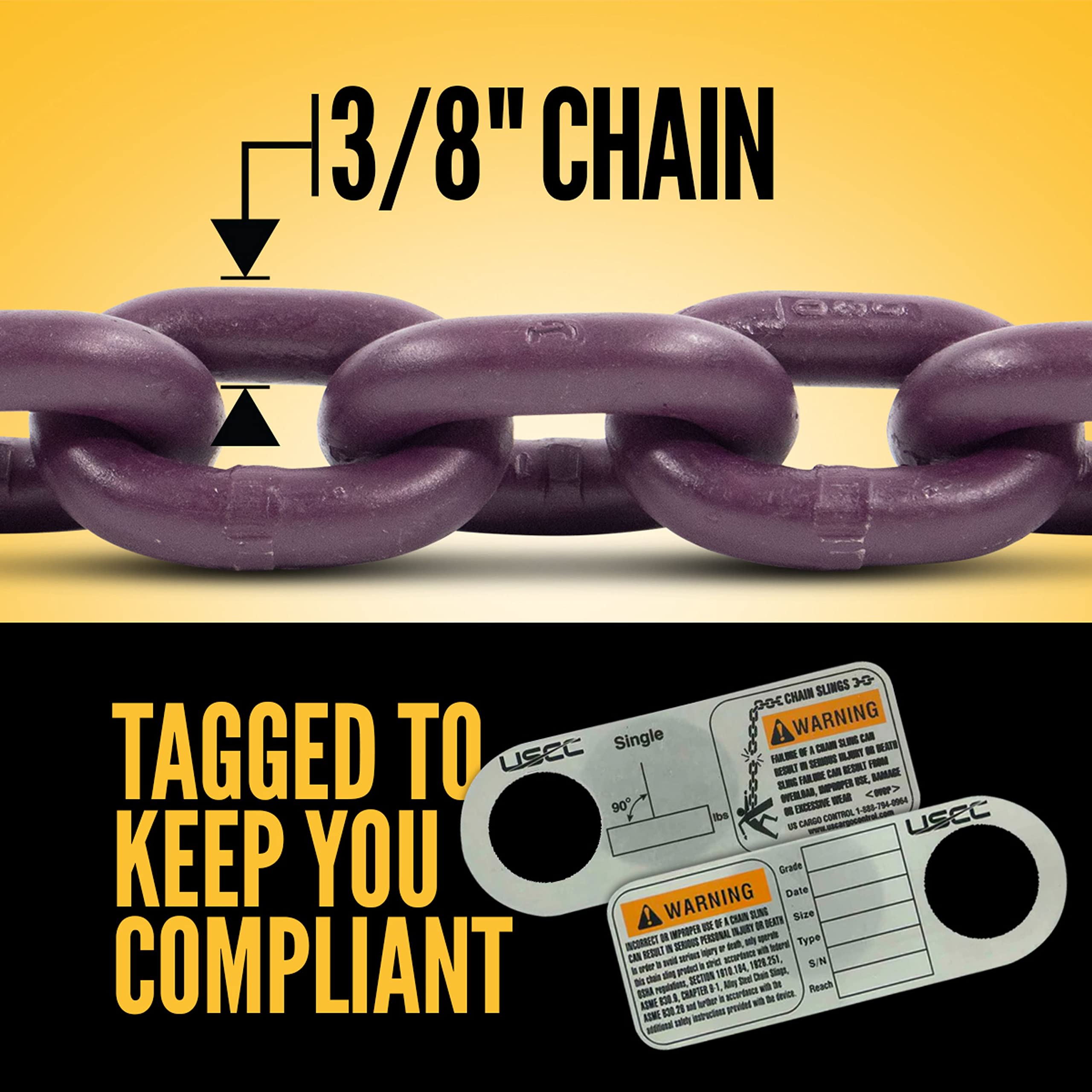 3/8 Inch x 5 Foot Adjustable Grade 100 Alloy Steel Chain Sling with Self-Locking Hook - Heavy Duty Overhead Lifting Equipment for Cargo, Construction & Industrial Use