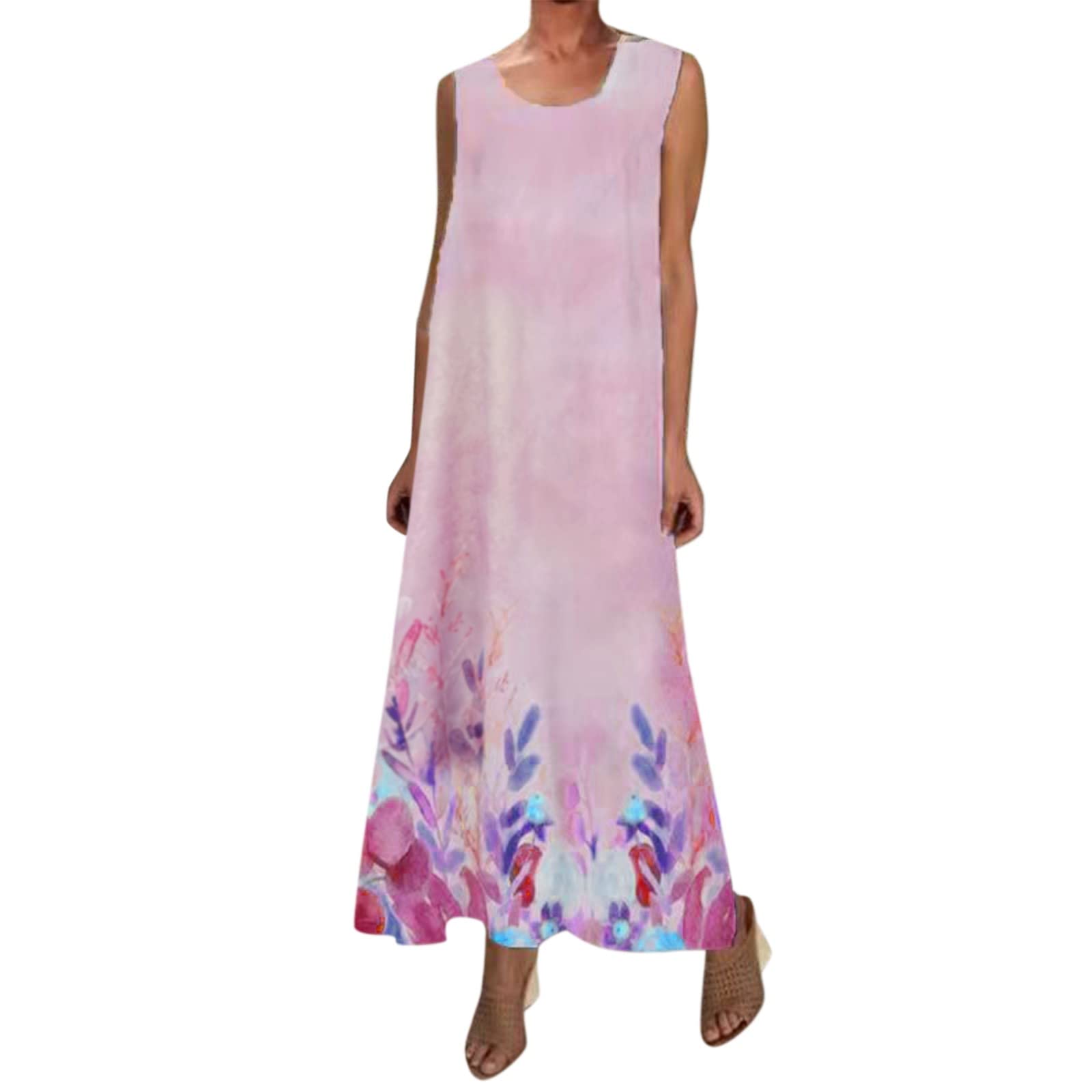 Stylish Women's Floral Print Sleeveless Shirt Dress with Pockets - Casual Round Neck Long Dress for Spring Summer Daily Wear - Perfect for Office, Beach Outings & Weekend Brunch