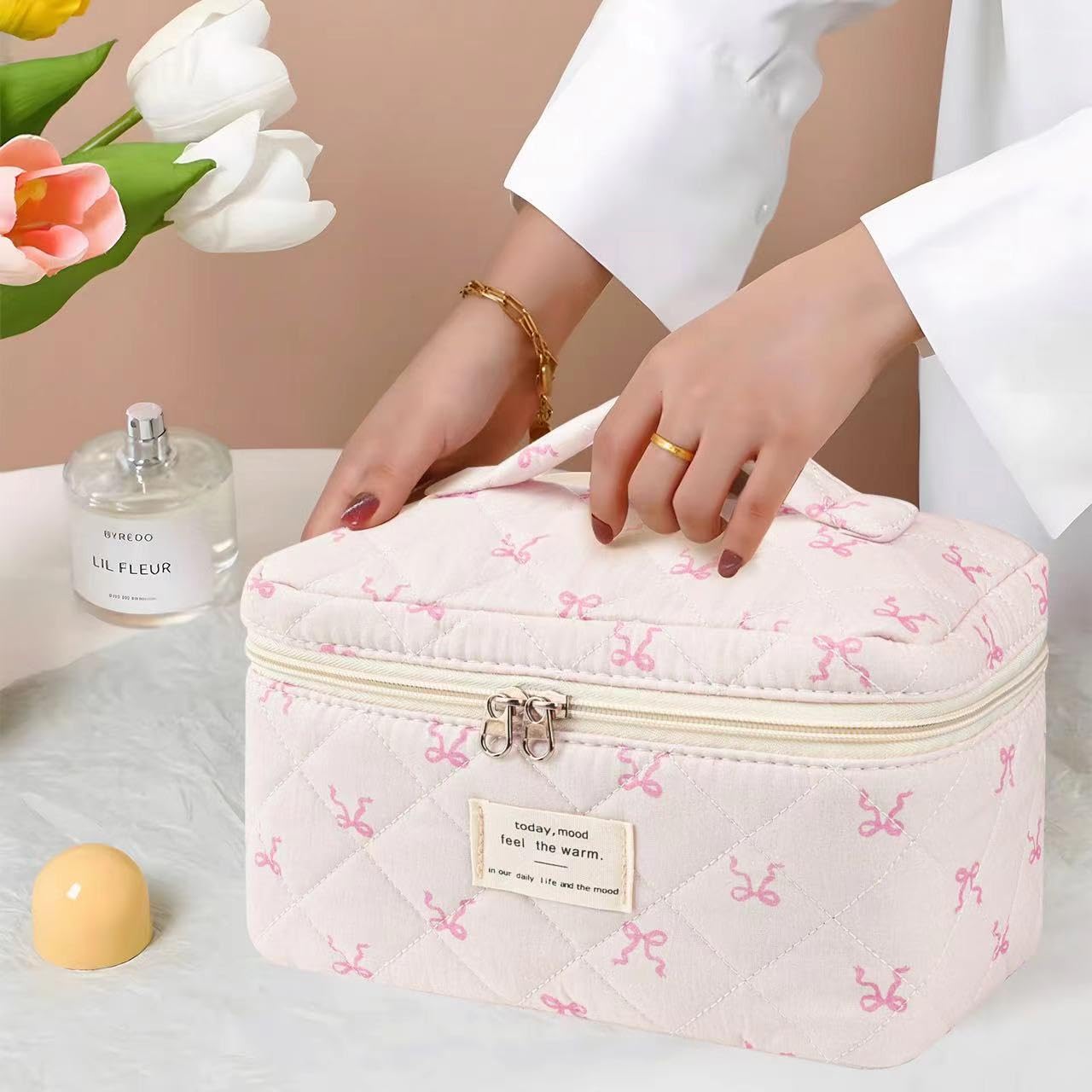 Large Travel Quilted Makeup Bag with Cute Bow - Cotton Cosmetic Organizer for Women & Girls | Floral Coquette Aesthetic Toiletry Pouch | Perfect for Travel, Gym, and Everyday Use