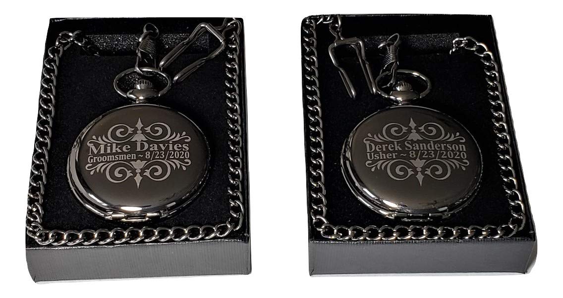 ETERNITY 4 Engraved Wedding Pocket Watches Set - Customized with Names/Dates, Includes 4 Watches, Chains & Gift Box - Perfect for Anniversaries, Bridal Party Gifts & Vintage-Themed Weddings