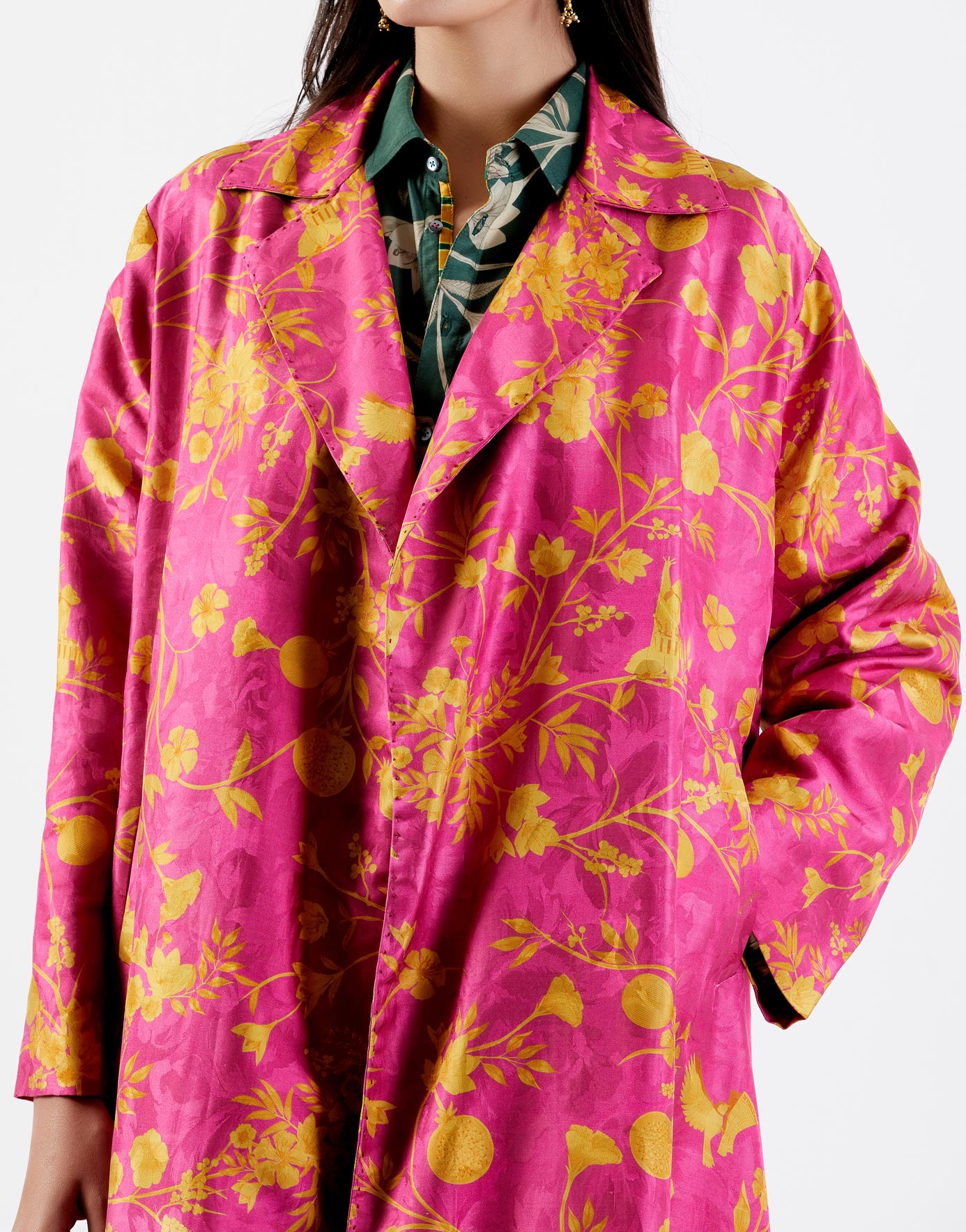 Luxury Long Silk Damask Coat for Women - Elegant Rani Style Outerwear for Formal Events & Evening Occasions