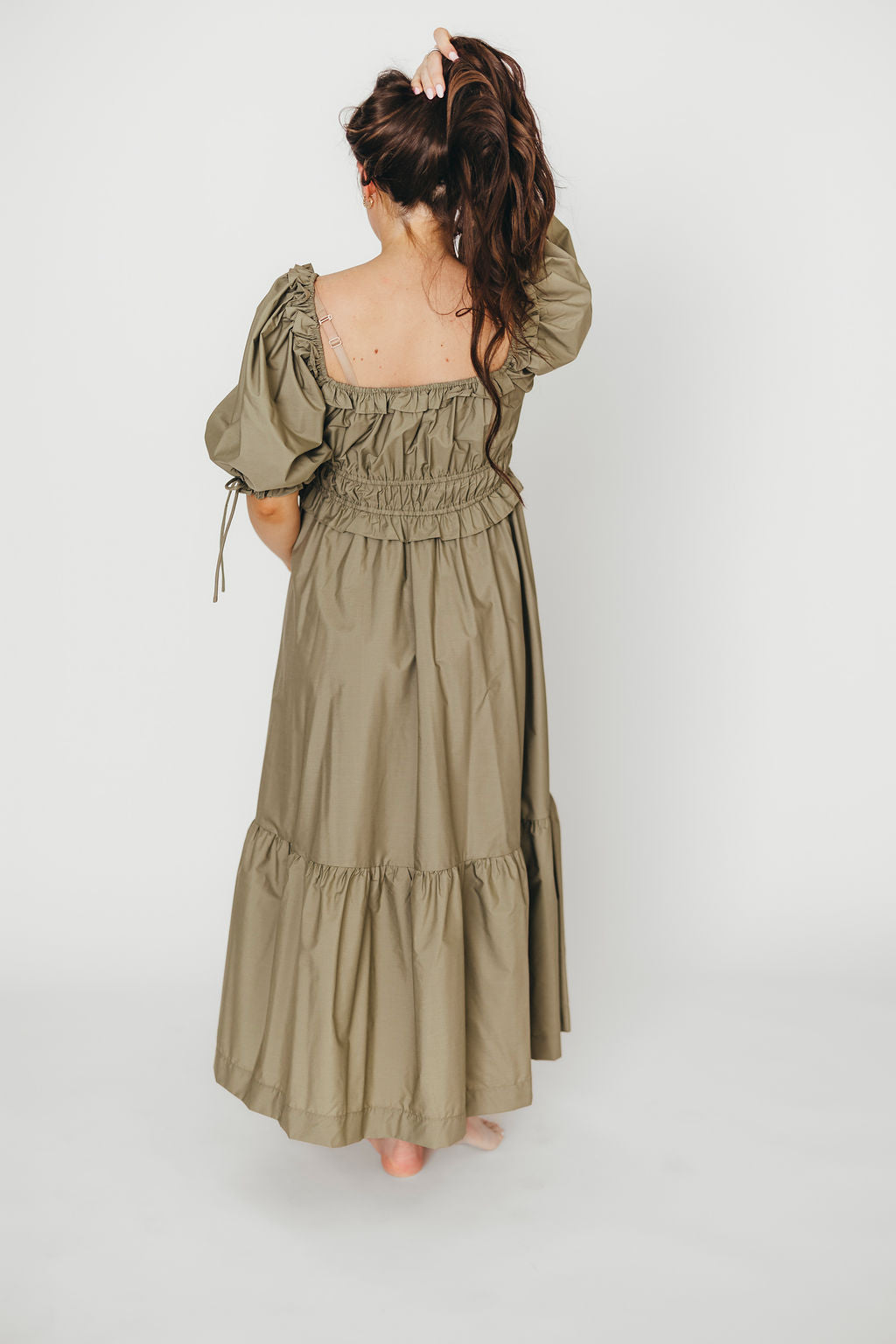 Crissy Ruched Midi Dress in Dusty Olive - Bump Friendly Maternity Dress for Women, Stretchy Bodycon Dress for Pregnancy & Nursing - Perfect for Baby Showers, Date Nights & Special Occasions