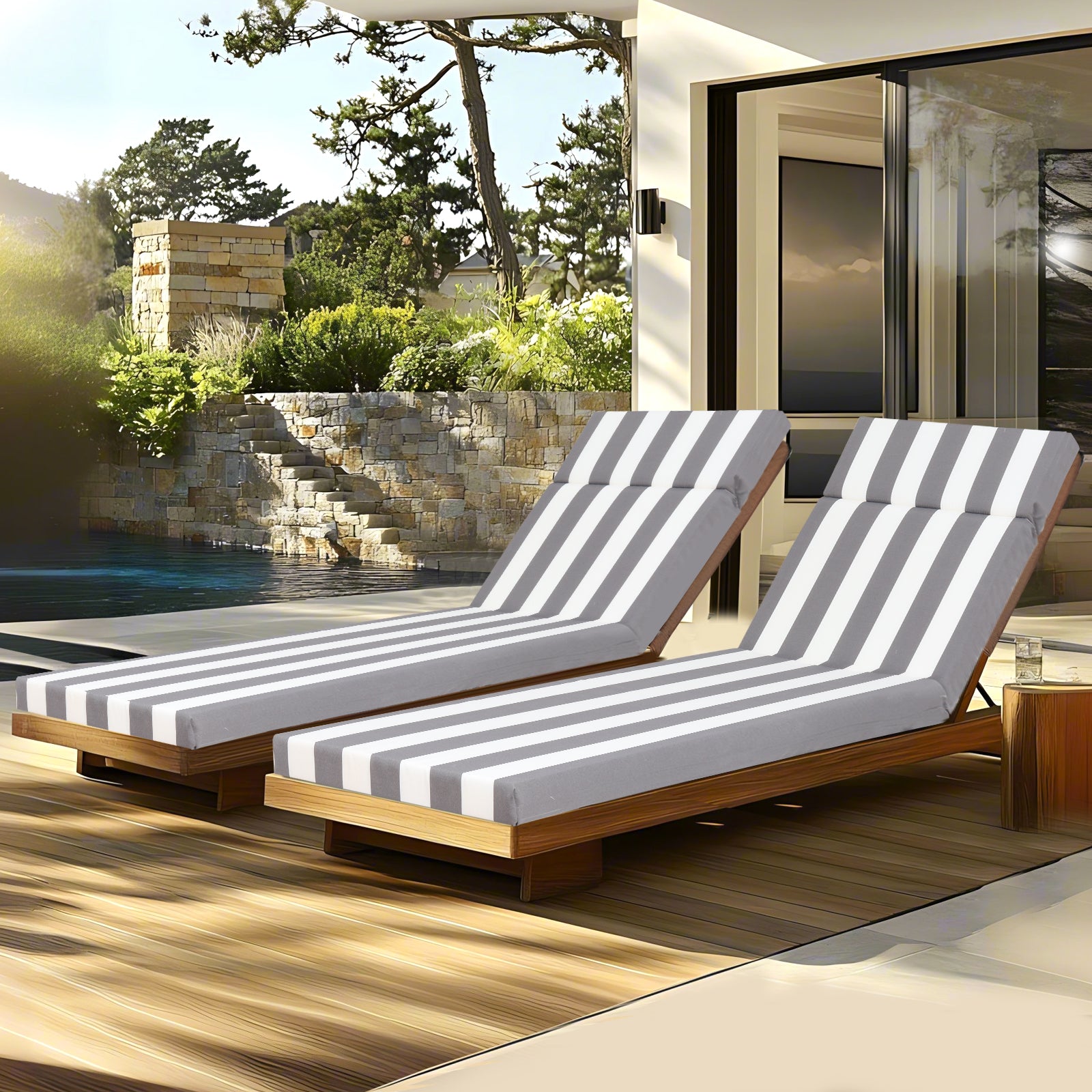 2-Piece Indoor/Outdoor Chaise Lounge Chair Cushion Set with Ties - 75