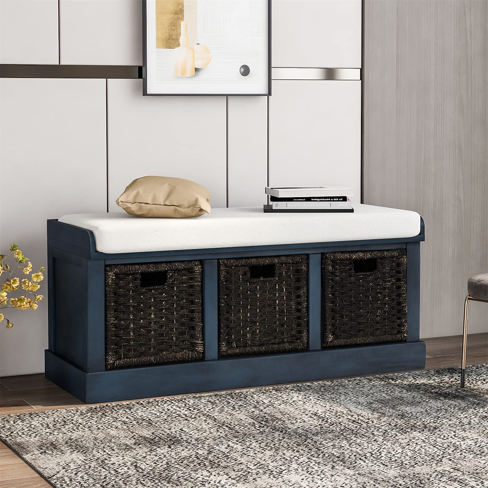 VERYKE Entryway Storage Bench with Removable Cushion & 3 Rattan Baskets - Shoe Bench with Hollow Handle for Living Room, Bedroom, Hallway (Antique Navy) | Perfect for Small Space Organization & Entryway Decor