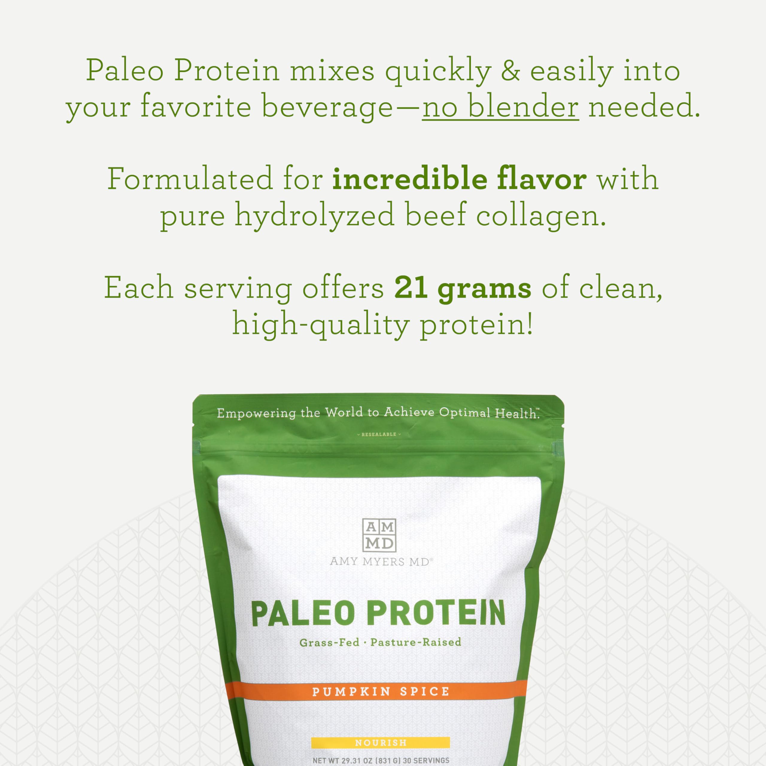 Amy Myers MD Pure Paleo Protein Powder - Grass Fed, Hormone Free, Non-GMO, Gluten & Dairy Free - Keto & Paleo Friendly Protein Supplement - 29.31 Oz Pumpkin Spice Flavor - Ideal for Smoothies, Baking & Post-Workout Recovery