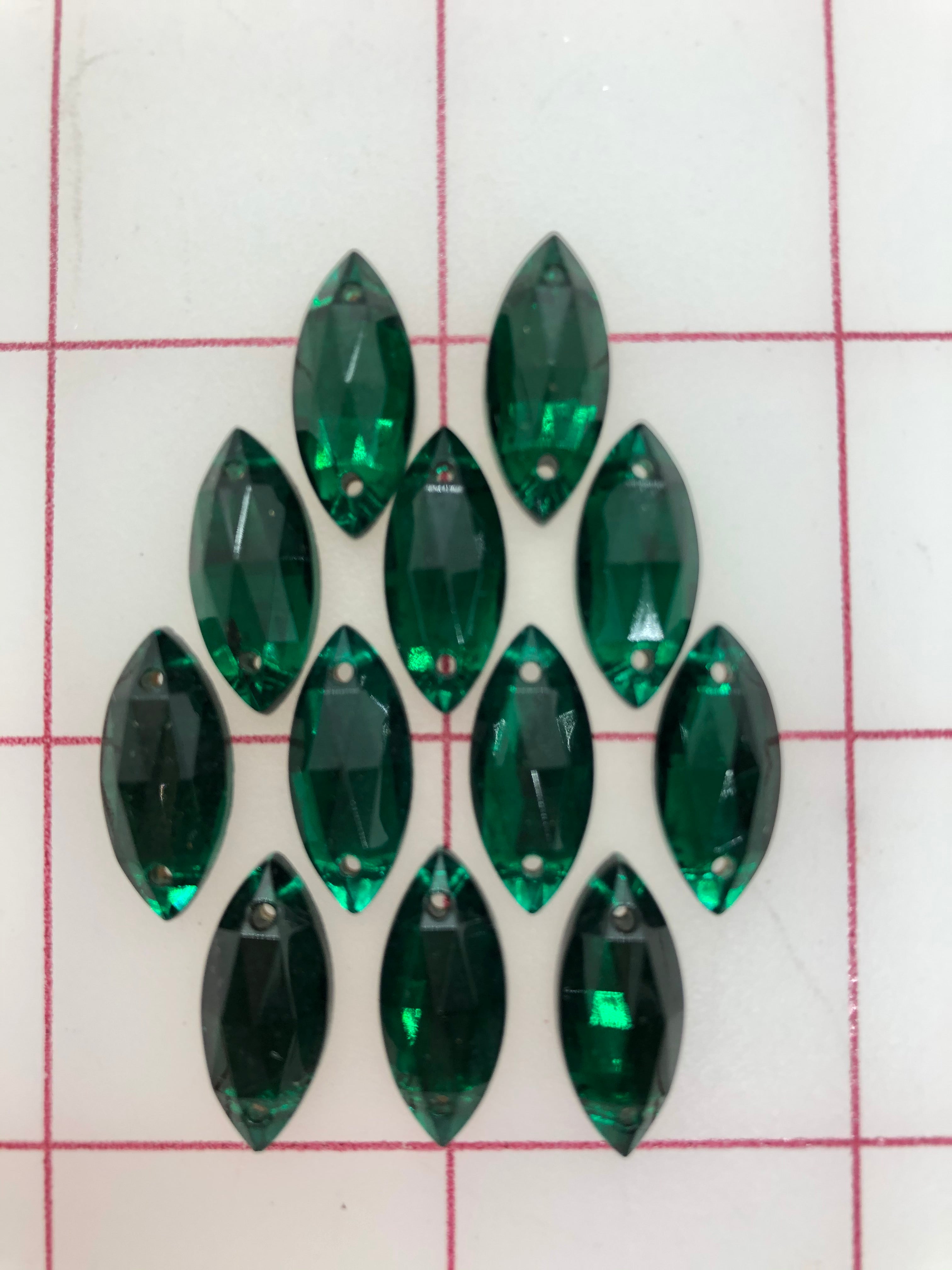 12 Pack 18x9mm Czech Emerald Navette Rhinestones for Sewing - Perfect for Costumes, Bridal Wear, and DIY Crafts