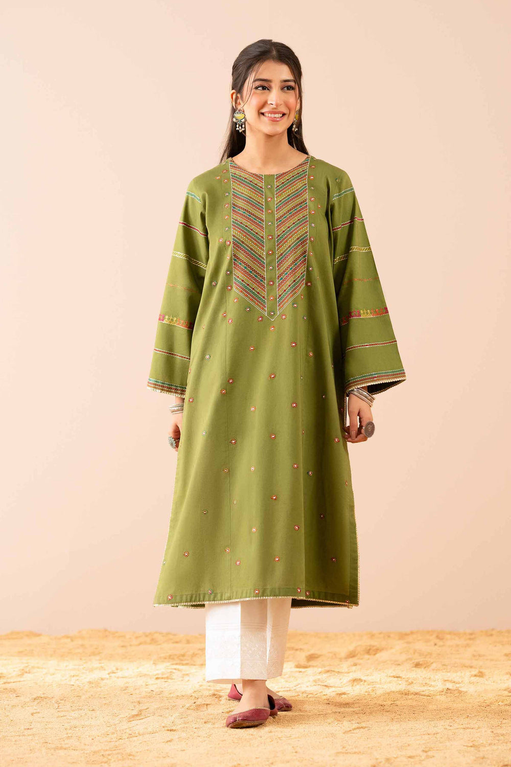 Cambric Green Kurti by Nishat - Stylish & Comfortable Women's Ethnic Wear for Casual Outings & Festive Occasions