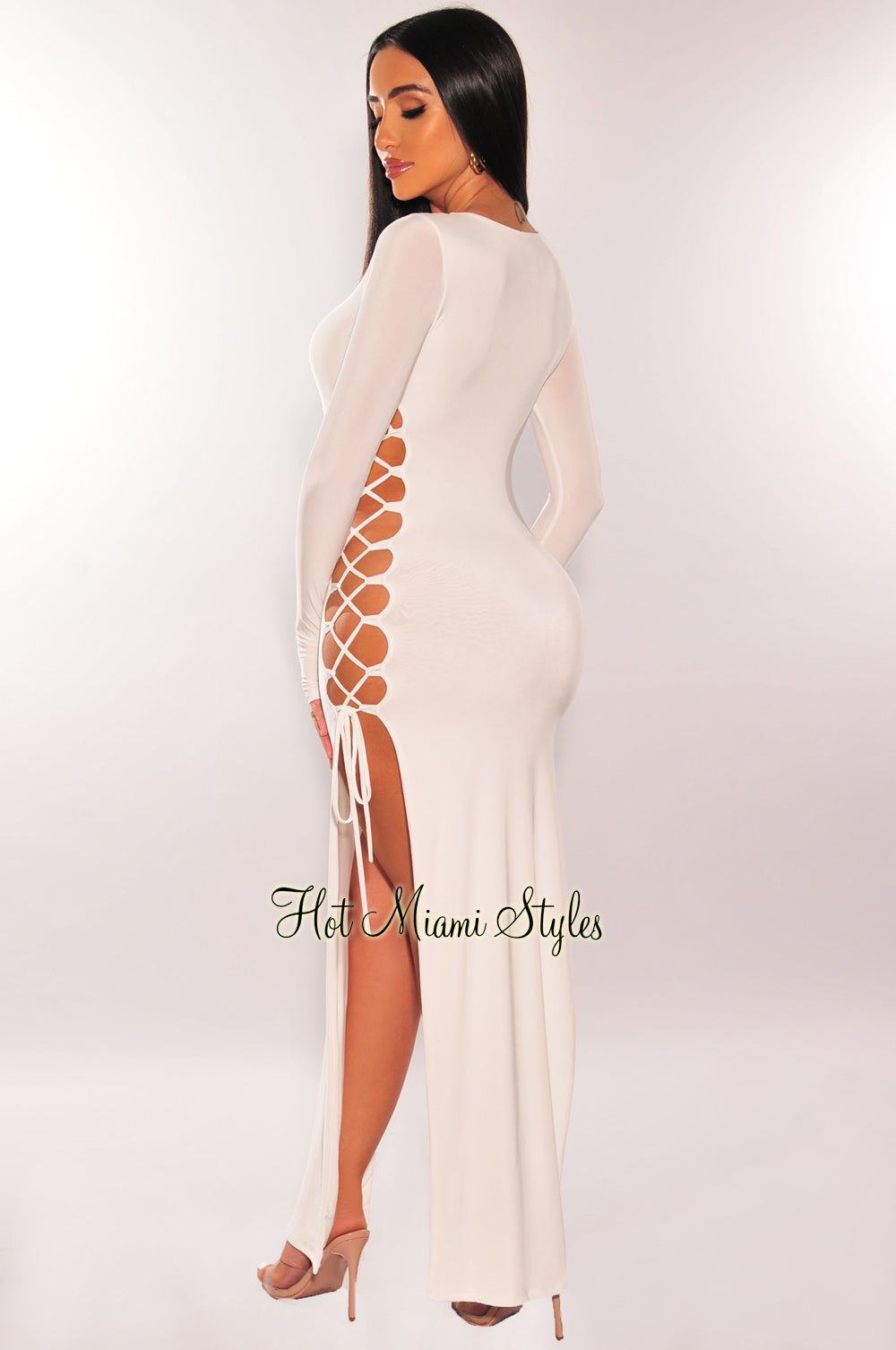 Elegant White Lace-Up Long Sleeve Double Slit Party Dress for Women - Perfect for Evening Events, Weddings & Date Nights
