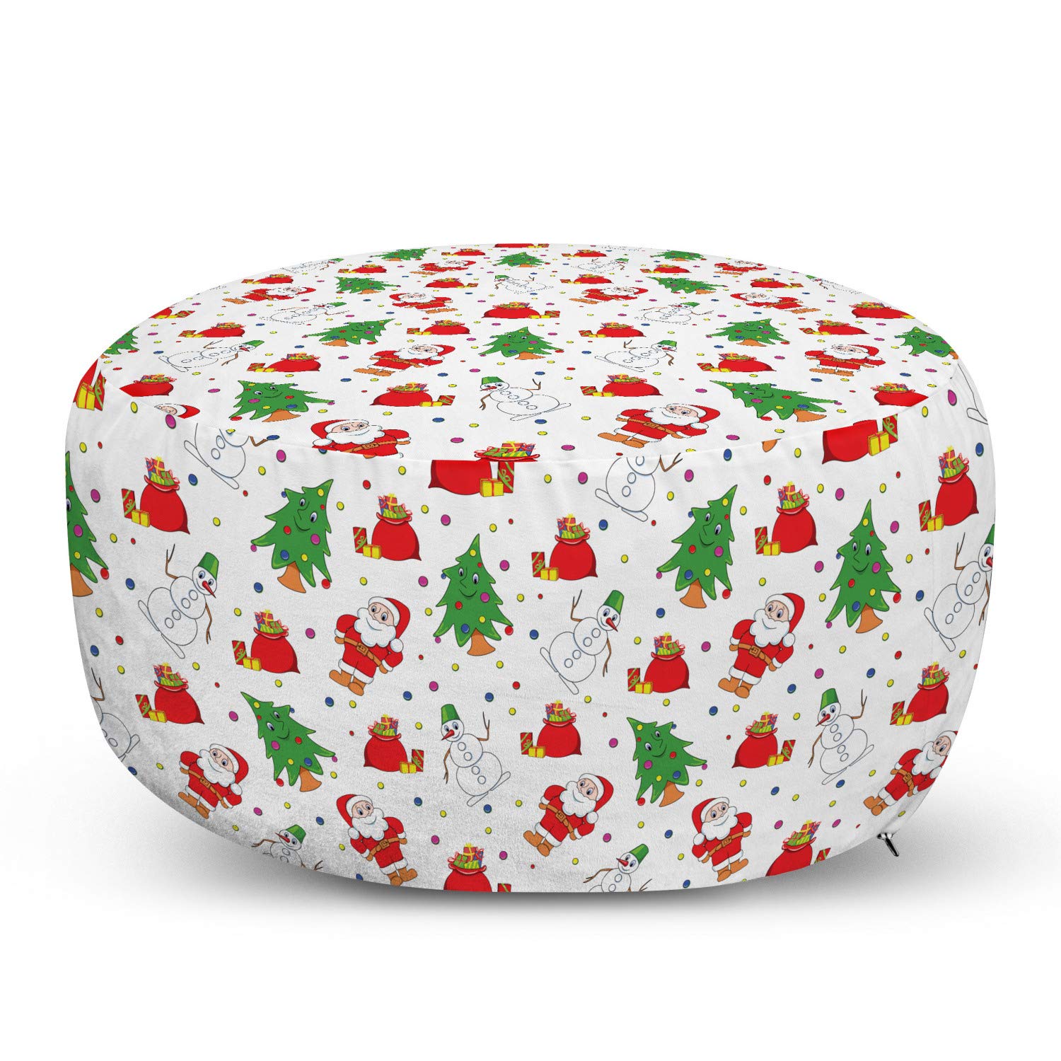 Ambesonne Christmas Ottoman Pouf - Santa Claus & Tree Design on Colorful Polka Dot Background with Gift Boxes Art, Soft Foot Rest Stool with Removable Cover for Living Room & Bedroom Decor (Green/Red) - Perfect for Holiday Home Decor, Cozy Seating & Festive Gift Giving