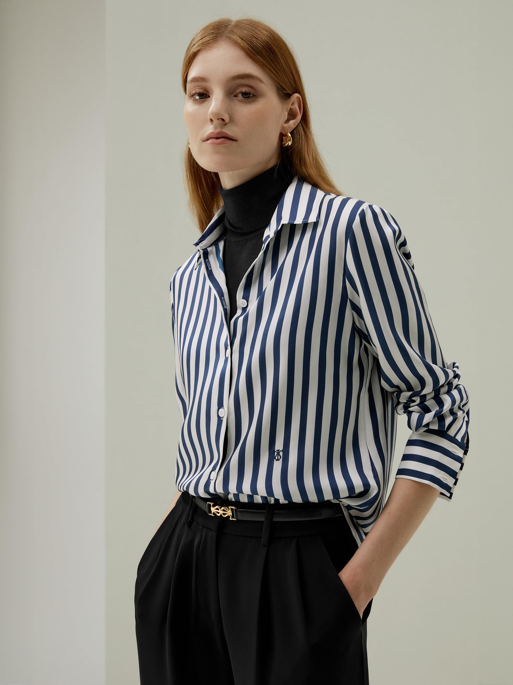 LilySilk Women's 100% Pure Silk Blouse - V-Neck Long Sleeve Blue & White Pinstripe Shirt for Work, Office, and Casual Wear | All-Season Comfort & Elegance | Perfect for Business Meetings, Date Nights, and Professional Outfits