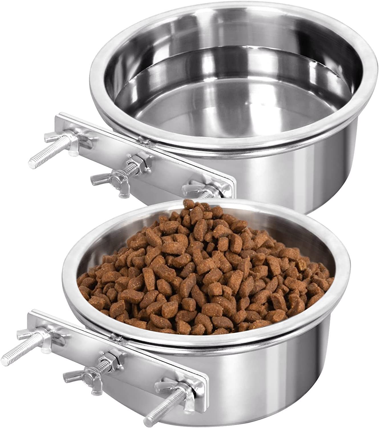 Stainless Steel Hanging Pet Bowl Set - 2 Pack Quick Lock Food & Water Bowls for Dogs, Cats, Birds, Guinea Pigs, Rabbits & Chicken Coops (14-16cm) - Perfect for Kennels, Cages & Crates - Durable & Easy-Clean Silver Pet Dishes