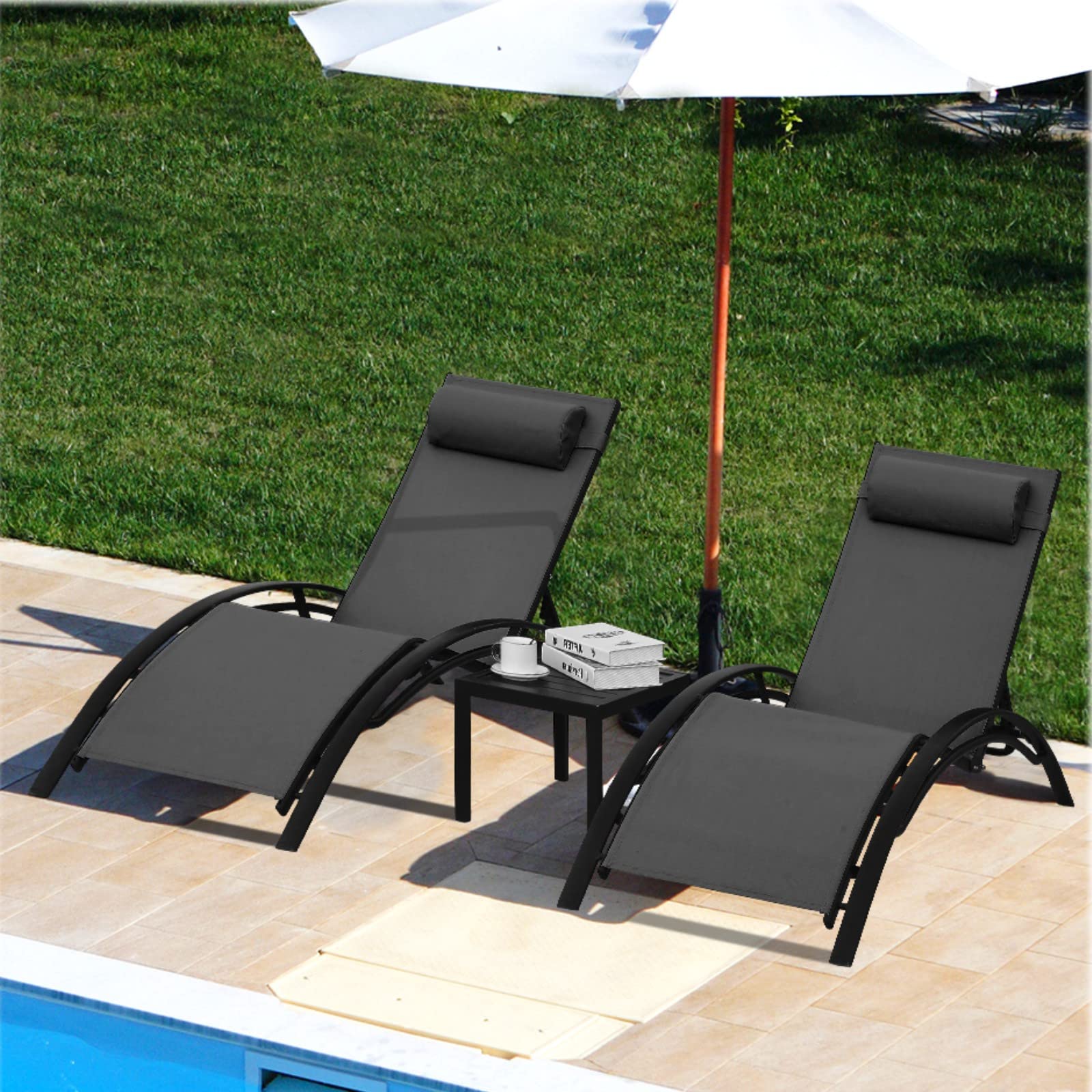 **AthLike 3-Piece Pool Chair Set with Headrest – Adjustable Patio Chaise Lounge for Sunbathing, Tanning – Outdoor Beach & Poolside Recliner Chairs with Side Table (Black) – Perfect for Backyard, Resort & Vacation Relaxation**