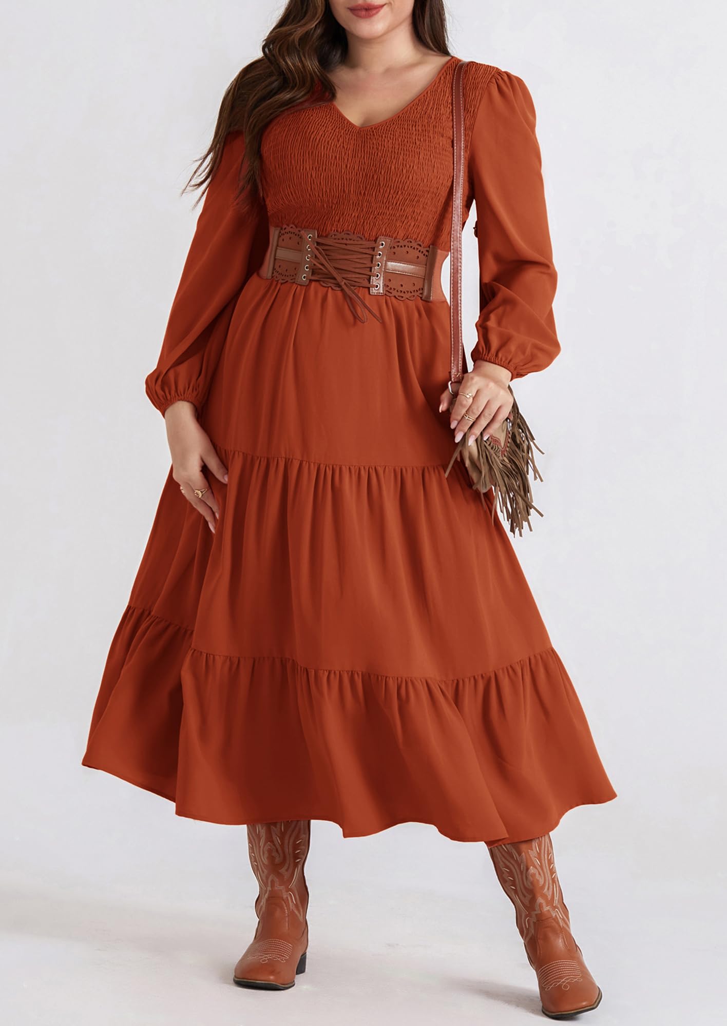 Hanna Nikole Women's Plus Size Spring Maxi Dress - Long Sleeve Smocked Flowy Tiered Dress with Pockets for Wedding Guest, Casual Wear & Outdoor Events