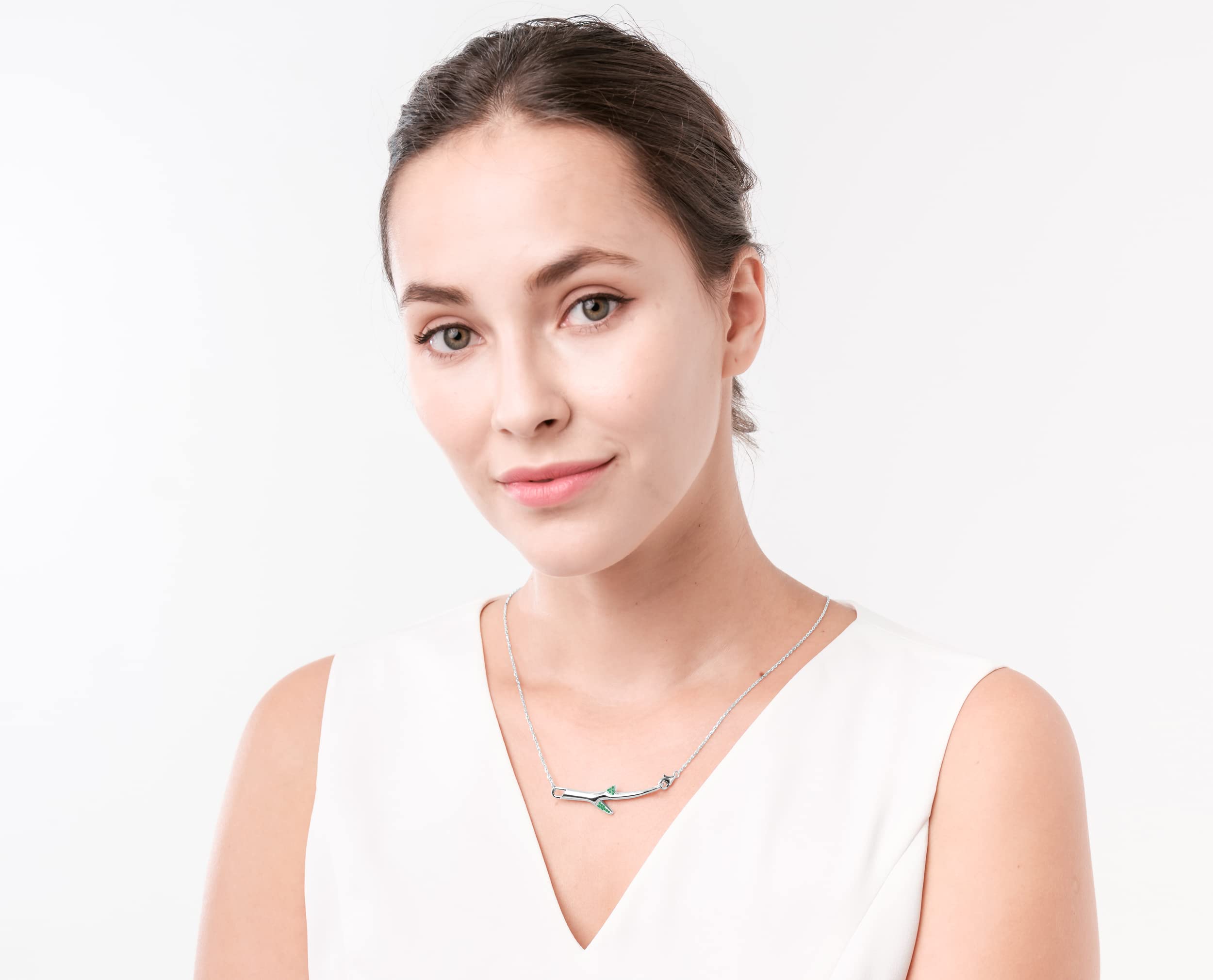 Emerald Floral Pendant Necklace - Silver Tree Branch Necklace - Rose Quartz Sakura Twig Jewelry for Women, Gift for Her, Boho Chic Style, Perfect for Weddings & Special Occasions