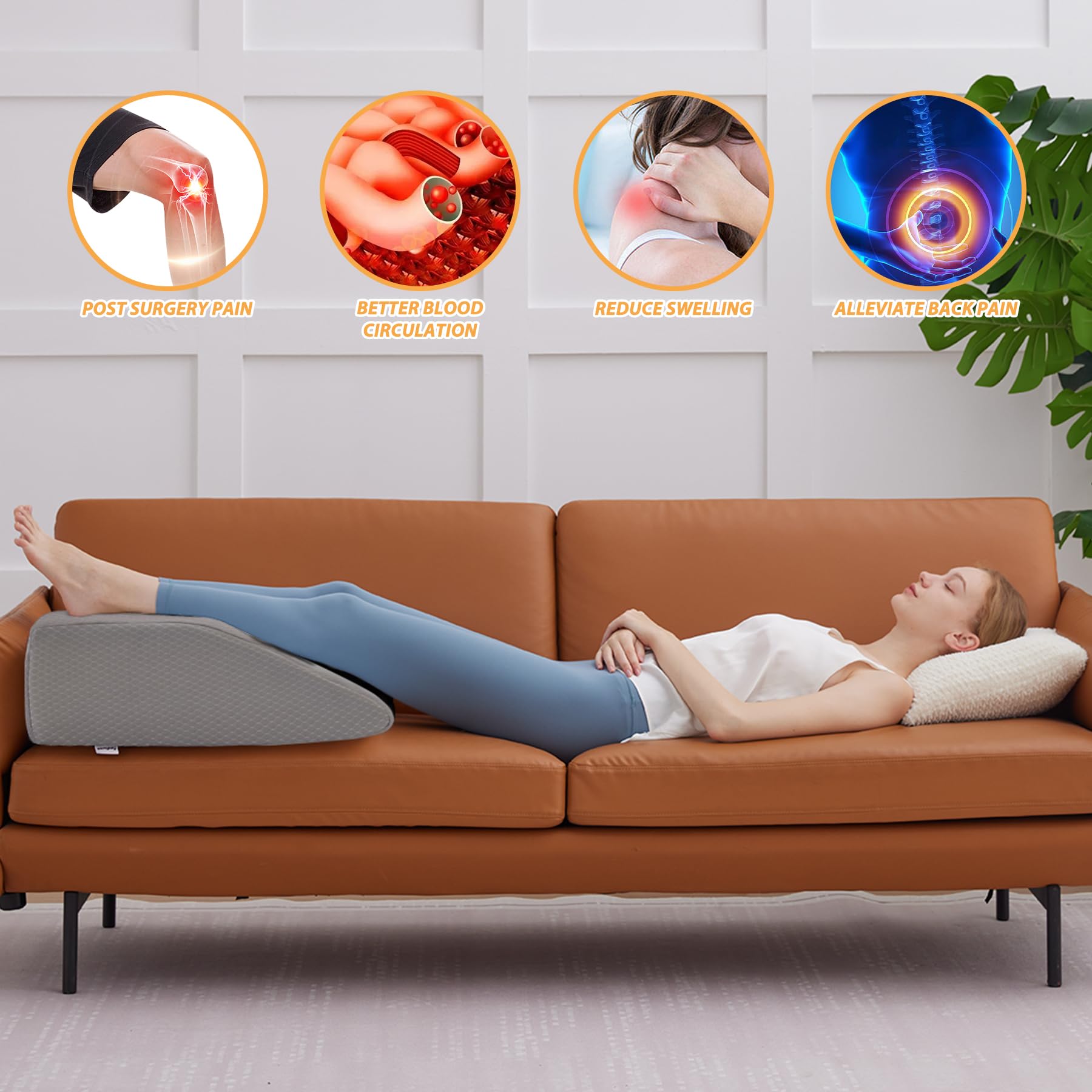Leg Elevation Pillow for Sleeping - Cooling Gel Memory Foam Wedge Pillow for Legs, Post-Surgery Recovery, Circulation & Swelling Relief - Removable Washable Cover (8 Inch, Grey) - Perfect for Bed Rest, Pregnancy Support & Pain Management