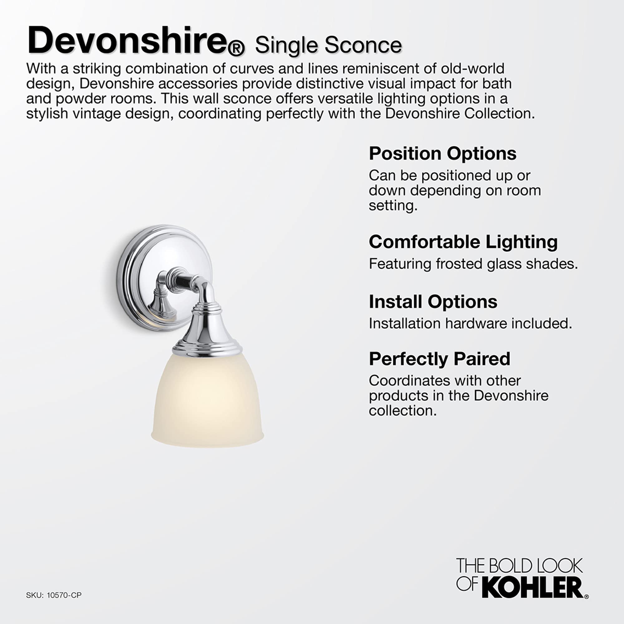 KOHLER Devonshire Brushed Nickel Bathroom Vanity Light Fixture - Adjustable Wall Sconce with Up/Down Facing Options - UL Listed 1-Light Bath Lighting - Perfect for Modern Bathrooms & Powder Rooms