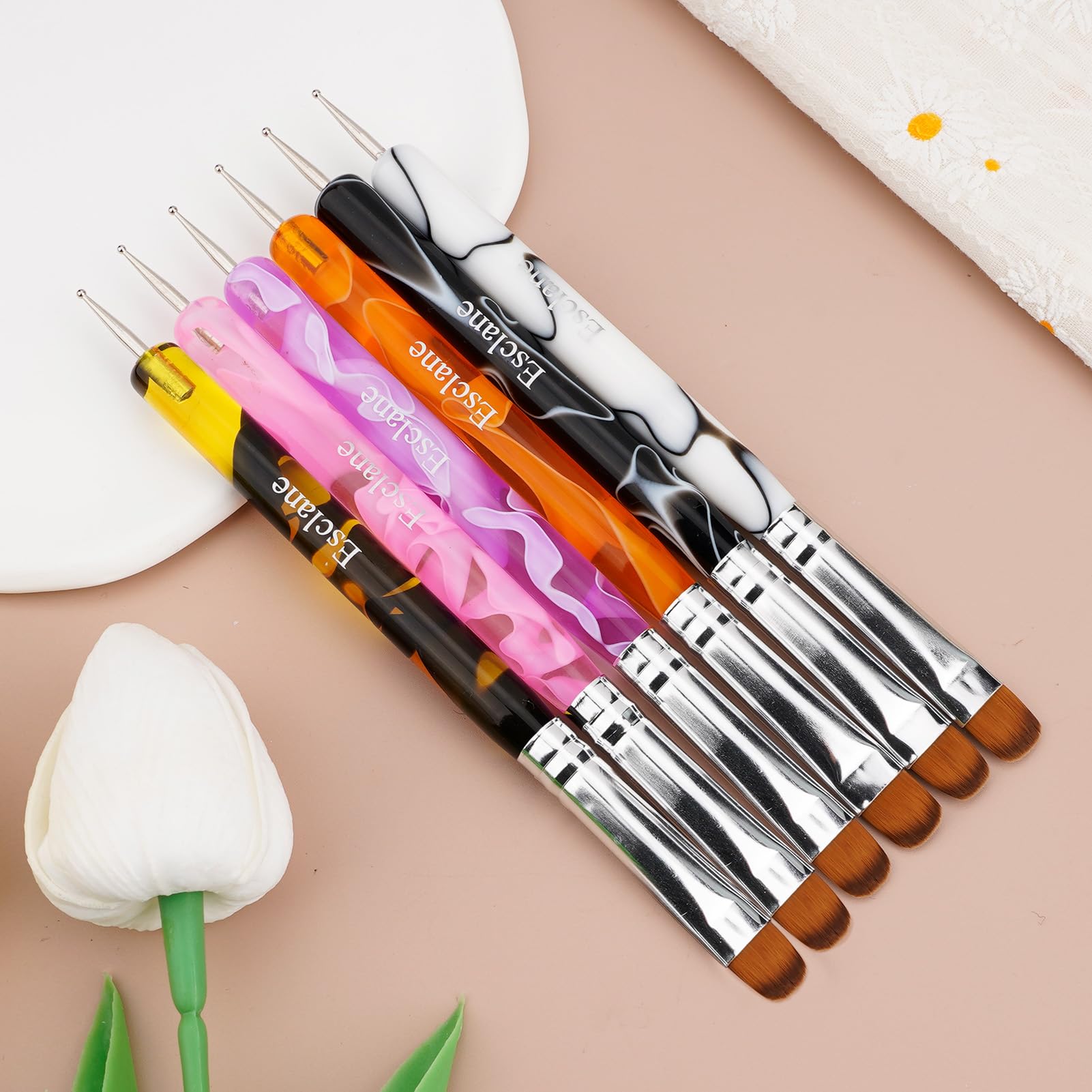 Esclane 2-Way French Manicure Brush with Dotting Tool - Professional Nail Art Design & Cuticle Clean Up Kit - Perfect for French Tips & Detailed Nail Designs (Pink, #14) - Ideal for Salon Professionals & DIY Home Manicures
