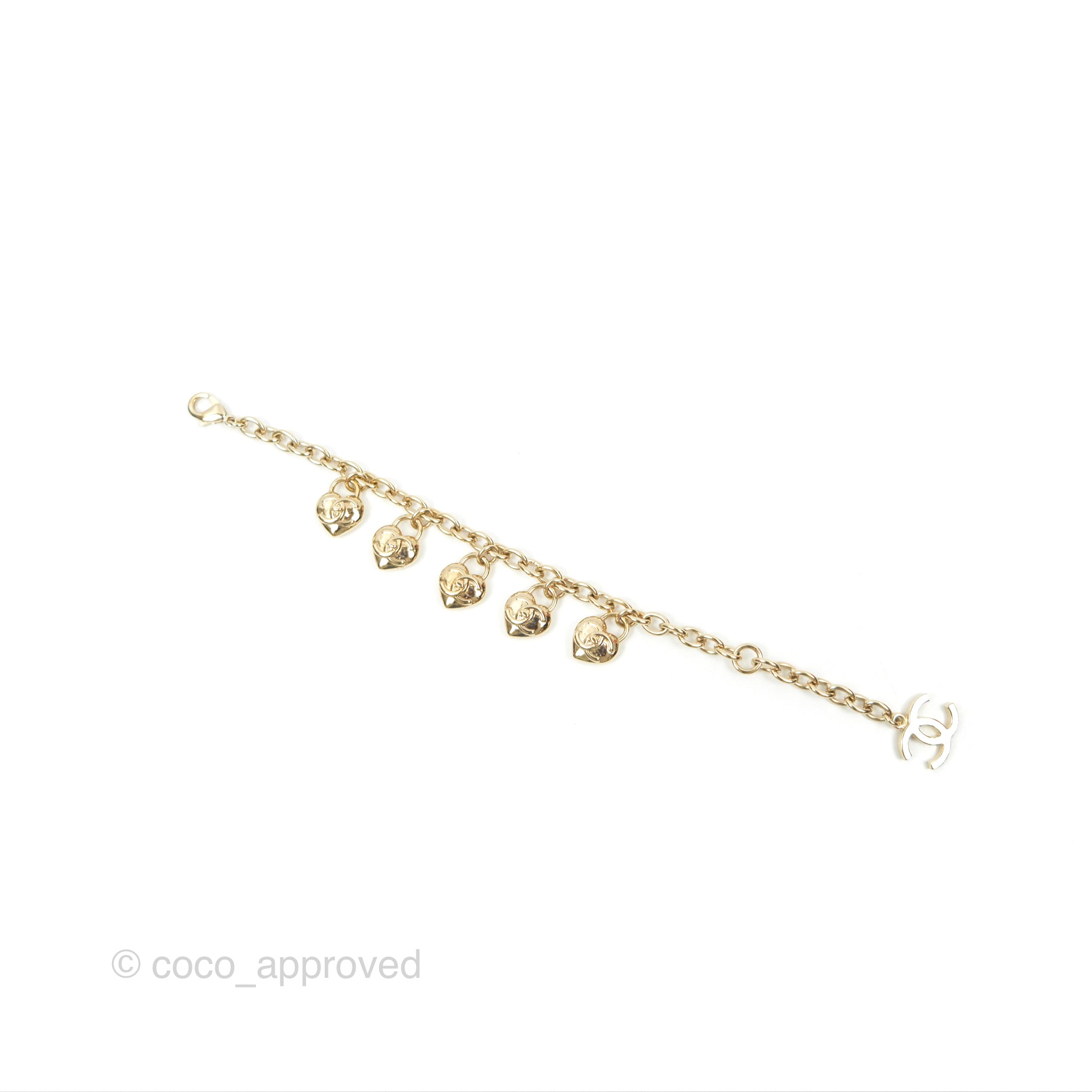 Chanel CC Heart Padlock Charms Chain Bracelet in Gold Tone - Elegant 22B Collection for Women | Perfect for Date Night, Parties & Special Occasions