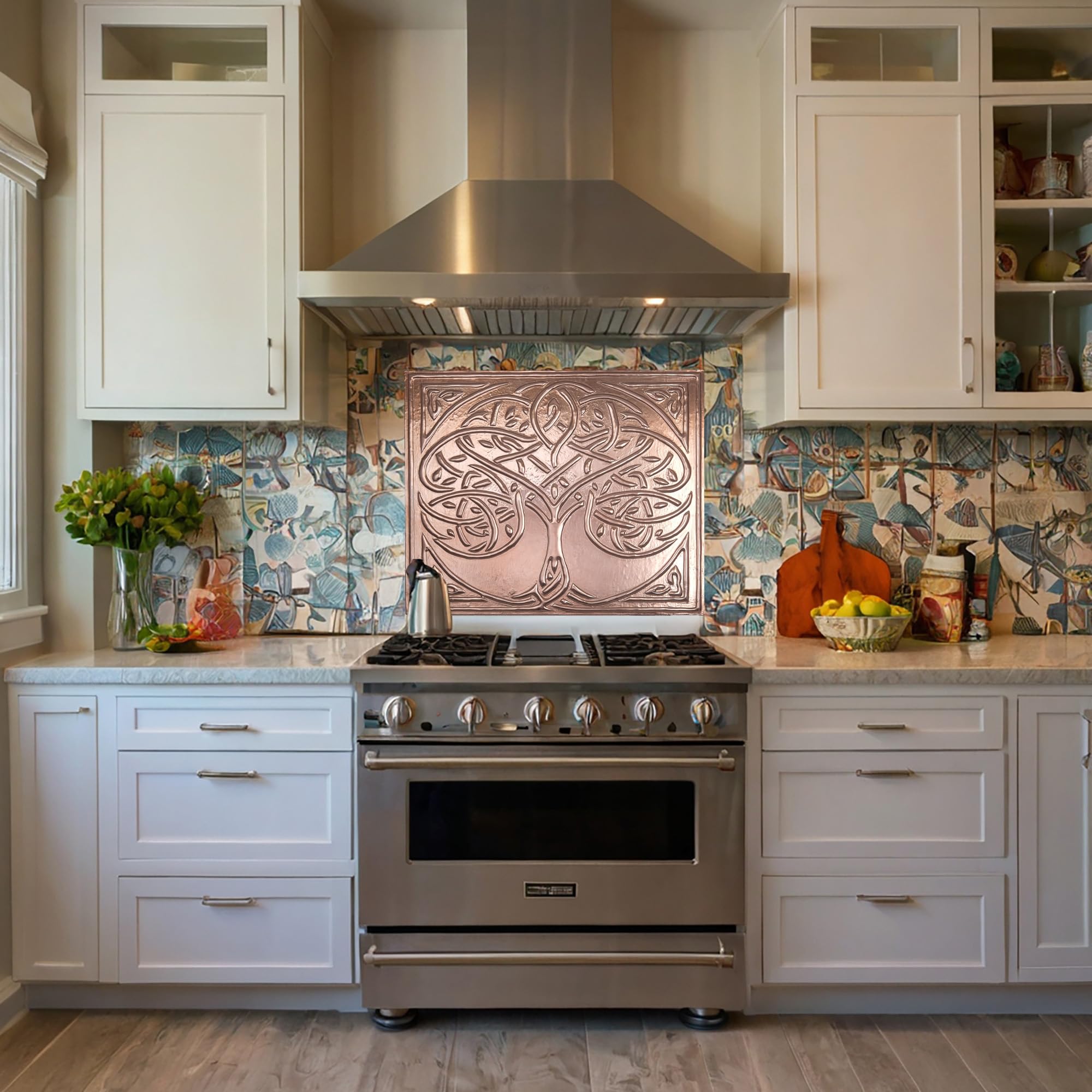 Handmade Copper Kitchen Backsplash - Celtic Tree of Life Design, Rustic Wall Decor Tile Art for Farmhouse & Modern Kitchens | Waterproof & Easy to Clean Backsplash Panel for Stove, Sink & Countertop Protection