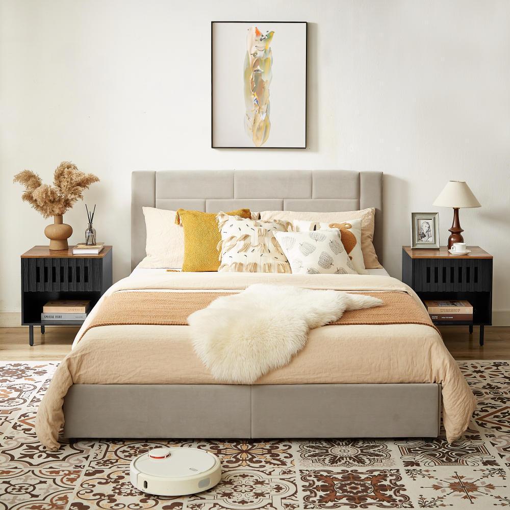2 Set Mid Century Modern Nightstands with Grille Striped Doors - Bedside Tables with Slatted Drawers & Metal Legs - Stylish End Tables for Bedroom Decor | Perfect for Small Spaces, Guest Rooms & Apartment Living