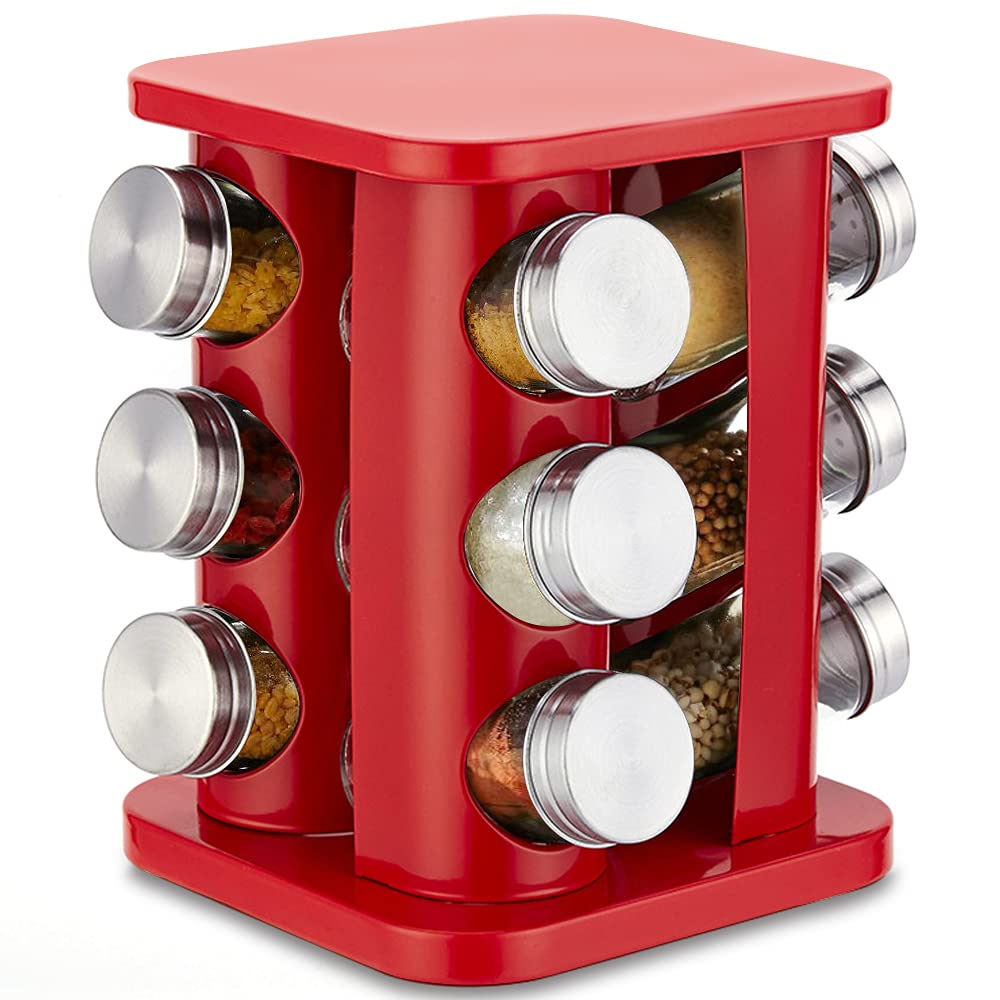 TINMIX 12-Jar Revolving Spice Rack Organizer - Stainless Steel Countertop Spice Tower with Refillable Glass Jars for Kitchen Cabinet Storage (Red) - Perfect for Cooking, Baking & Organizing Spices