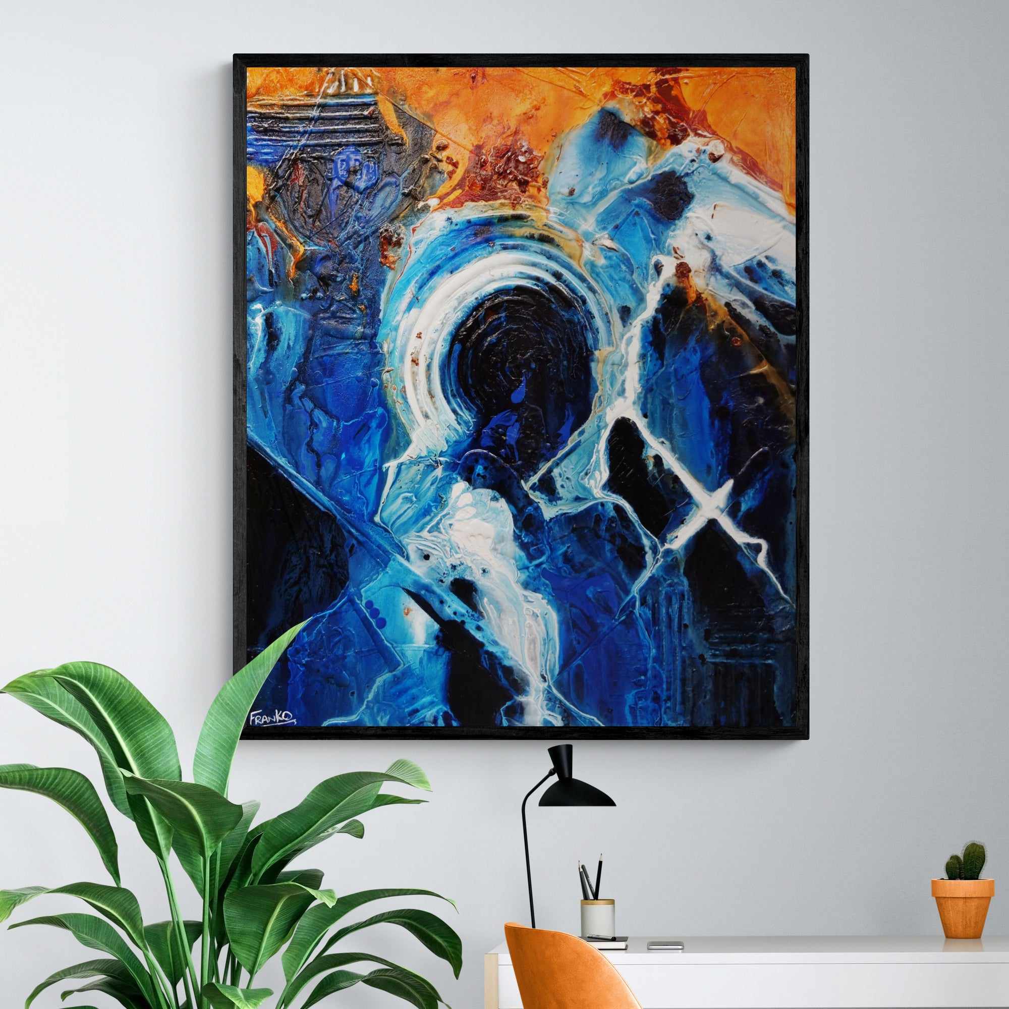 Blue and Orange Textured Abstract Painting - 47x39 Inch Leather & Sapphire Inspired Wall Art for Living Room, Bedroom, or Office Decor