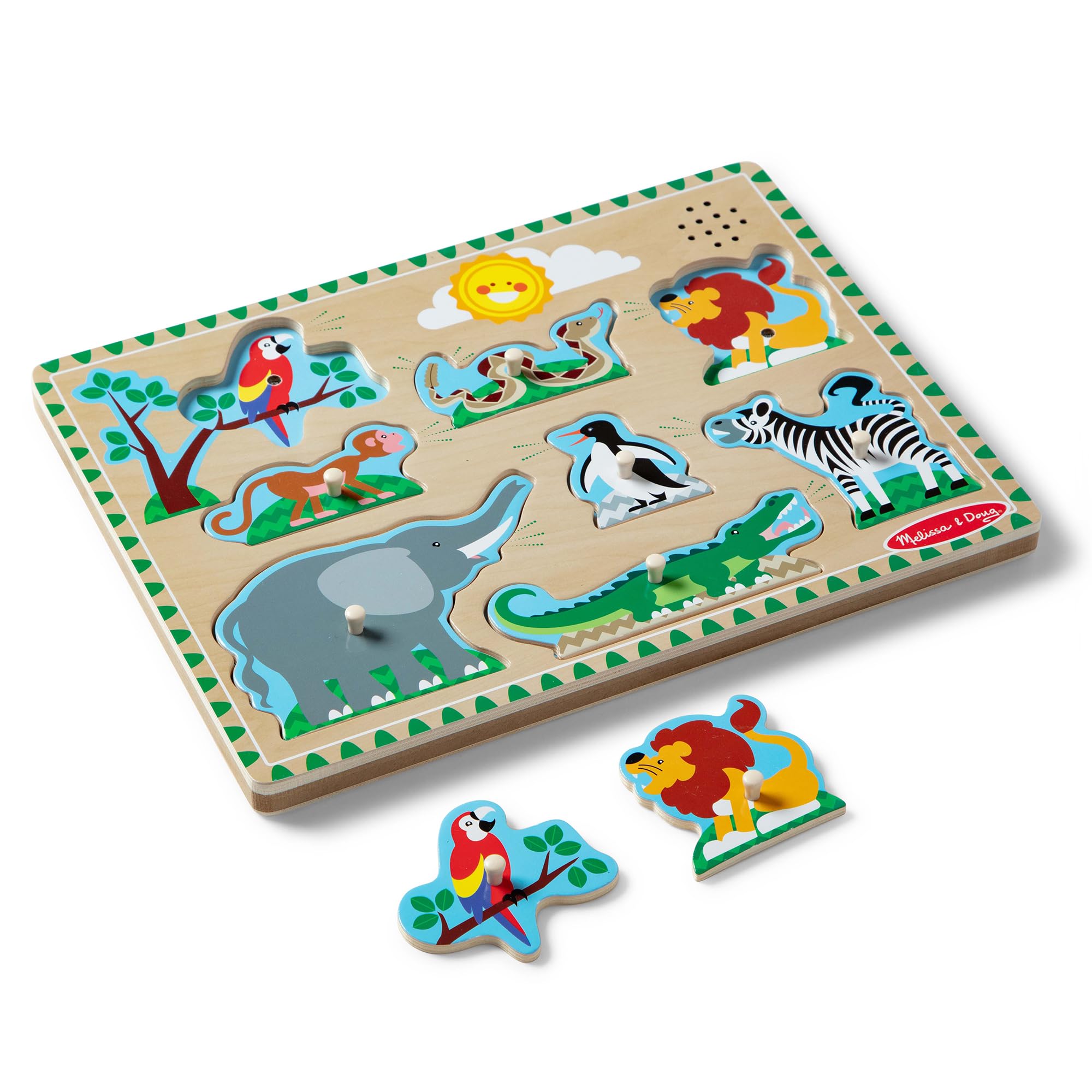 Melissa & Doug Zoo Animals Sound Puzzle - Wooden Peg Puzzle with Sound Effects (8 Pieces) - Educational Toddler Toy for Learning Animal Names & Sounds | Perfect for Preschool Classroom, Daycare & Home Playtime