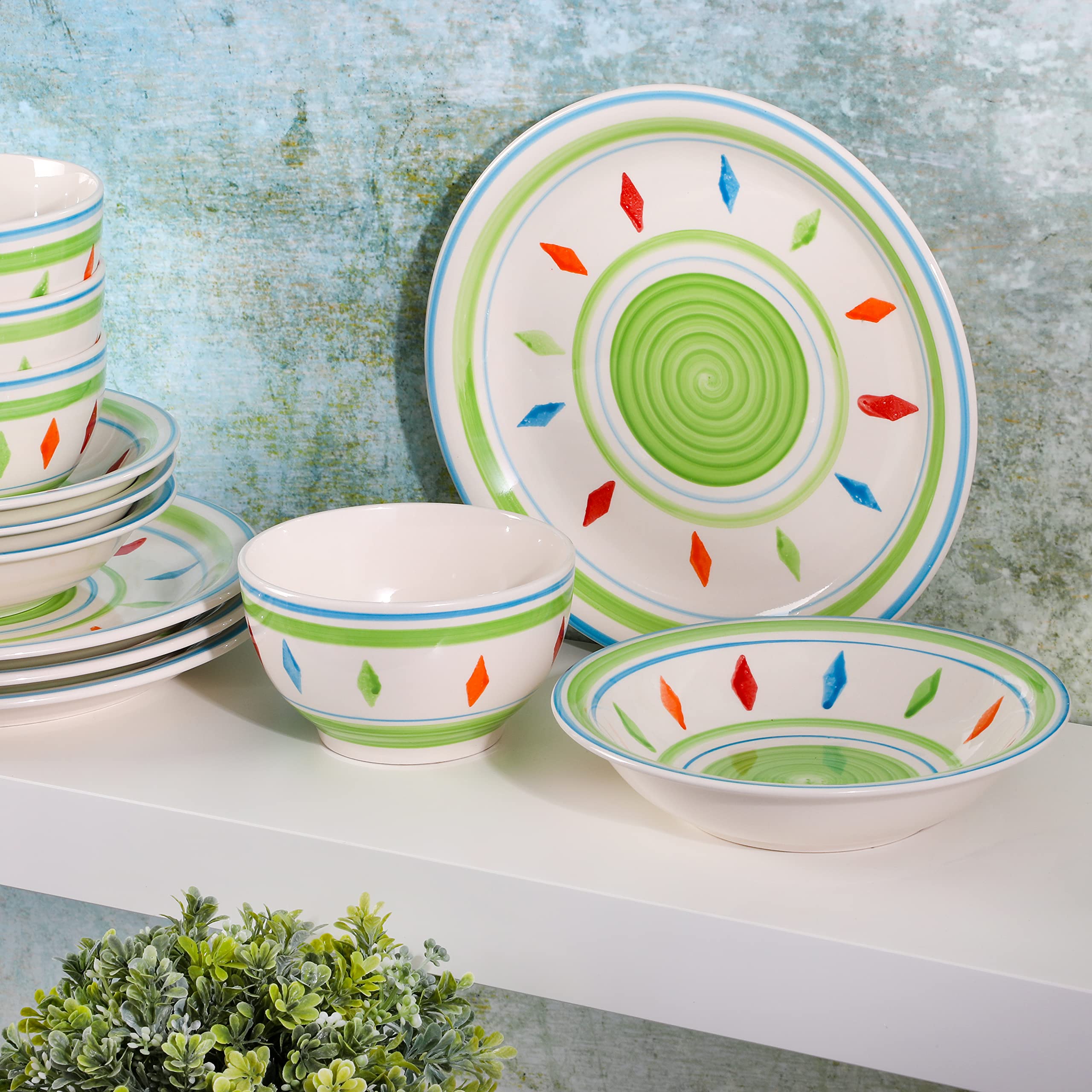 Gibson Home Heidy Hand Painted 12-Piece Dinnerware Set - Elegant Green Ceramic Plates, Bowls & Mugs for 4 People | Perfect for Family Dinners, Holiday Entertaining & Everyday Use