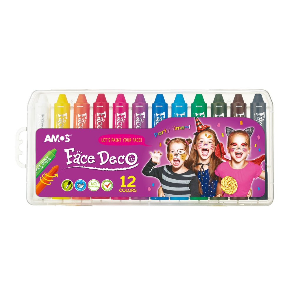 Amos Face Deco Facepaint Set - 12 Vibrant Colors for Halloween, Cosplay & Face Painting - Safe & Non-Toxic for Kids & Adults