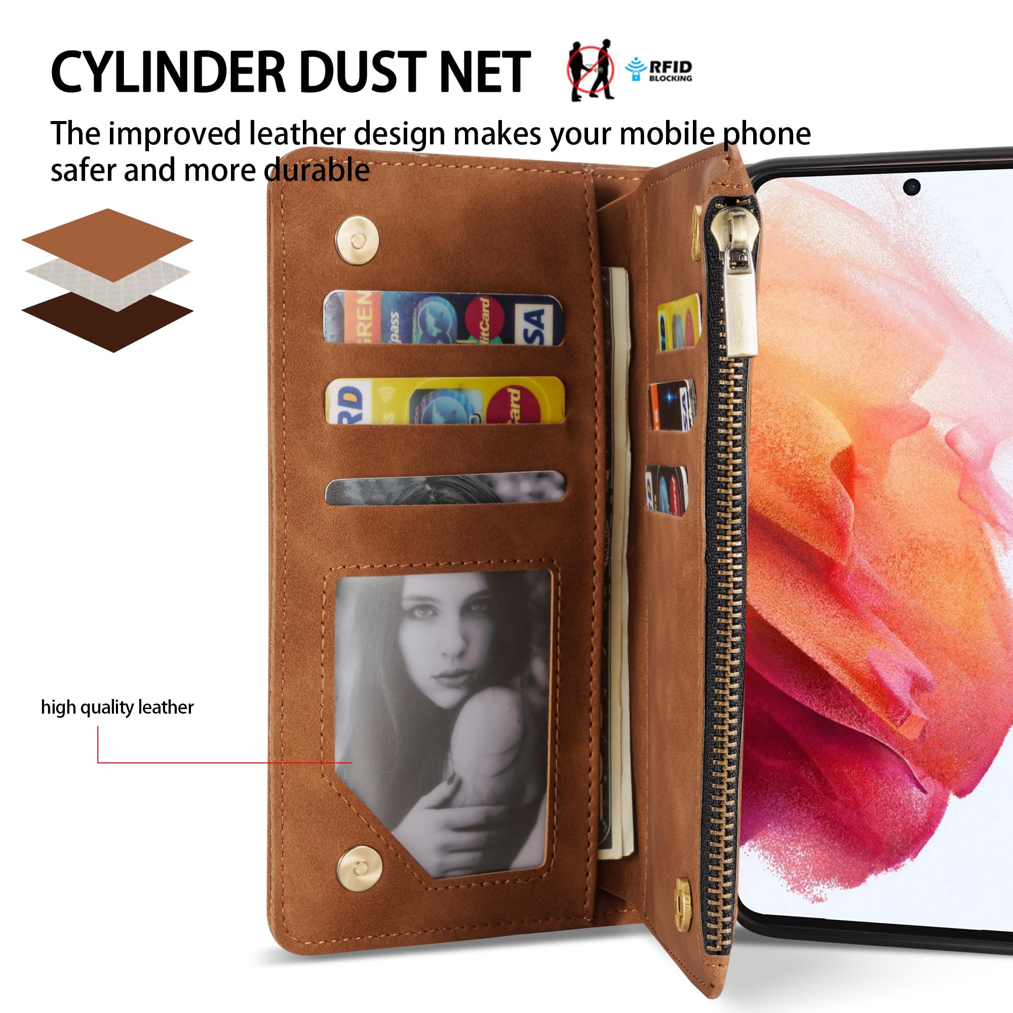 Premium Soft PU Leather Wallet Case for Samsung Galaxy S21 (6.2 inch) - Card Slot, Zipper Flip Folio, Wrist Strap & Kickstand | Protective Cover for Everyday Use, Travel & Business Meetings (Brown)