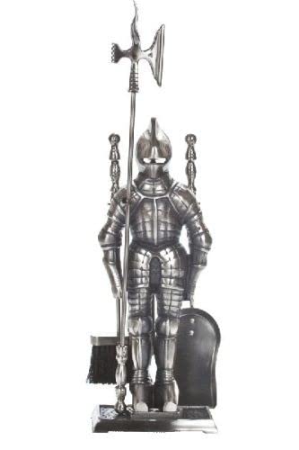 Premium Pewter Knight Fireplace Tool Set - 5 Piece Heavy Duty Fireplace Accessories for Wood Burning Stoves & Fire Pits - Perfect for Home, Patio, and Outdoor Use
