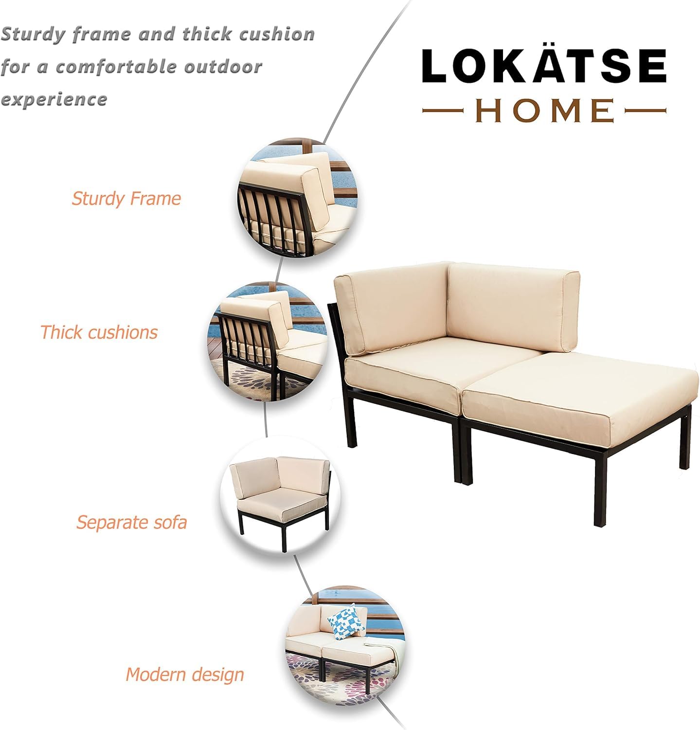 LOKATSE HOME 2-Piece Outdoor Patio Furniture Set - Waterproof Wicker Conversation Chairs with Corner Sofa & Ottoman, Khaki - Perfect for Garden, Poolside & Backyard Relaxation