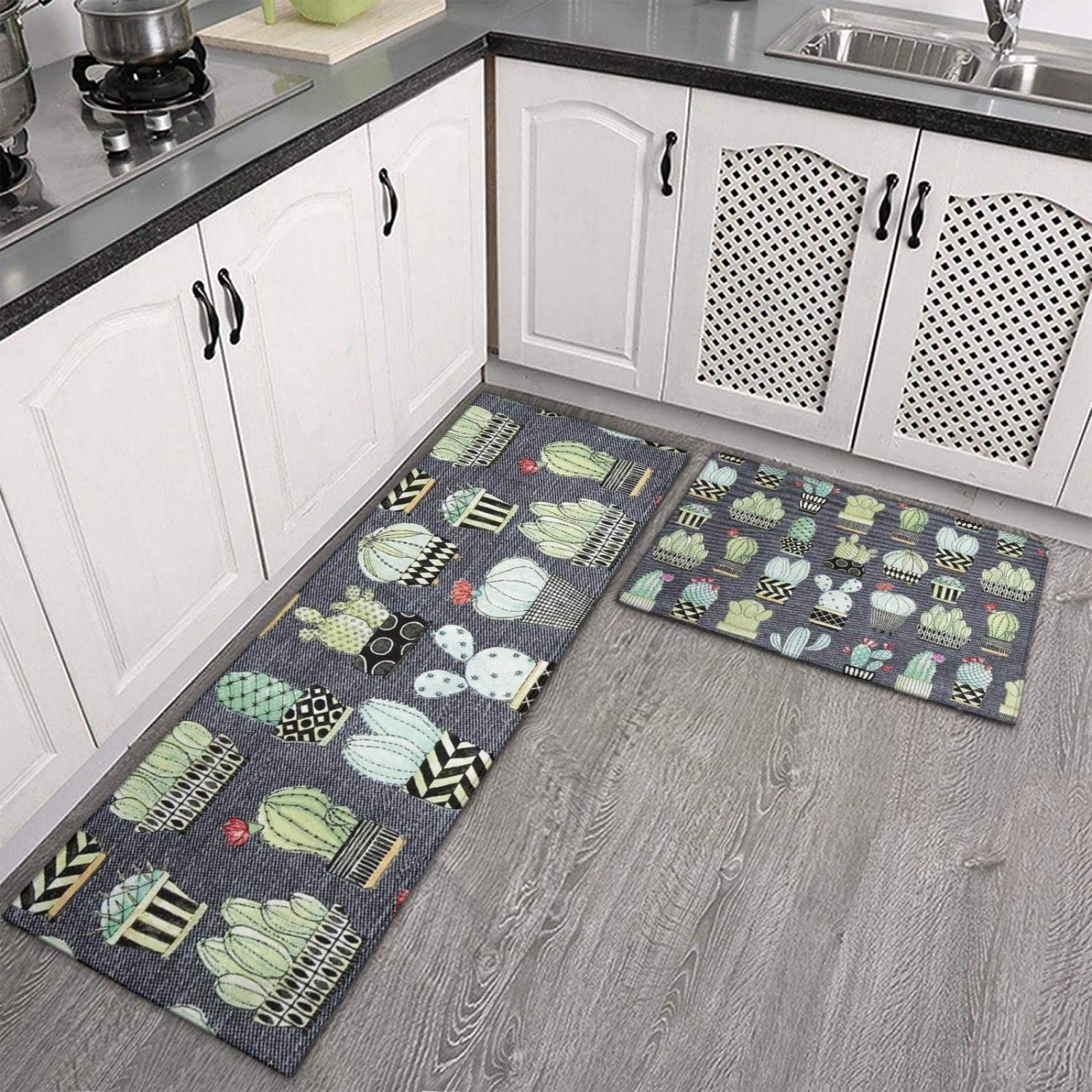 Non-Slip Cowboy Cactus Kitchen Rug Set of 2 - Rubber Backing Floor Mats for Entryway, Kitchen & Bedroom (15.7x23.6in + 15.7x47.2in) - Perfect for Western Decor & High Traffic Areas