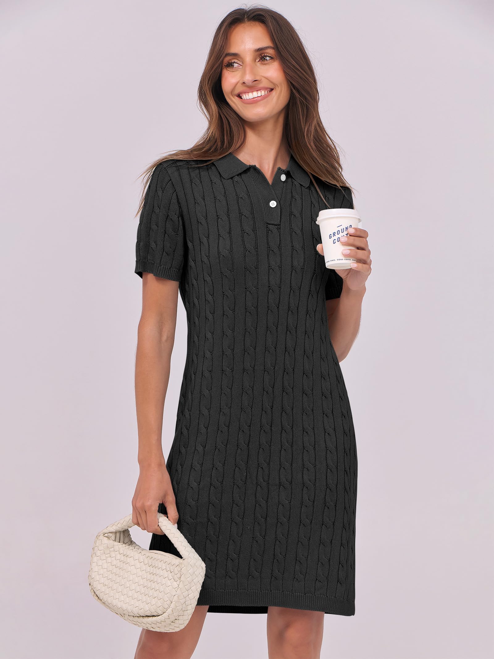 ANRABESS Women's Summer Short Sleeve V-Neck Cable Knit Polo Sweater Dress - Trendy Casual Mini Dress for 2025 | Perfect for Beach Outings, Date Nights & Weekend Brunch