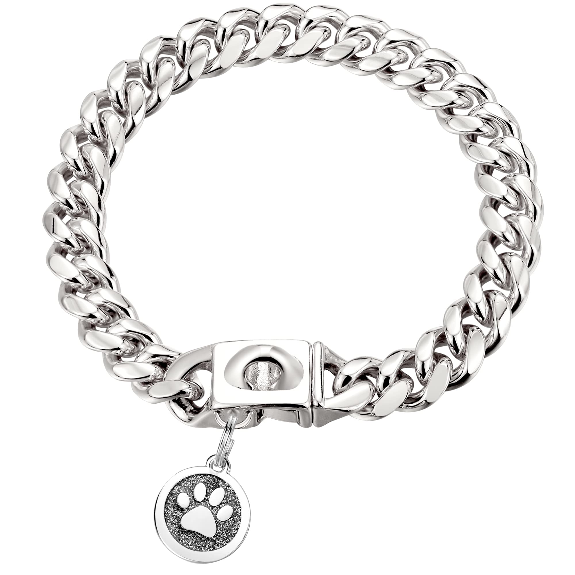 Stainless Steel Cuban Link Dog Collar with Bell & ID Tag - 10mm Gold/Silver Adjustable Chain Collar for Small Medium Large Dogs - Perfect for Training, Walking & Fashion Accessories (Silver, 18