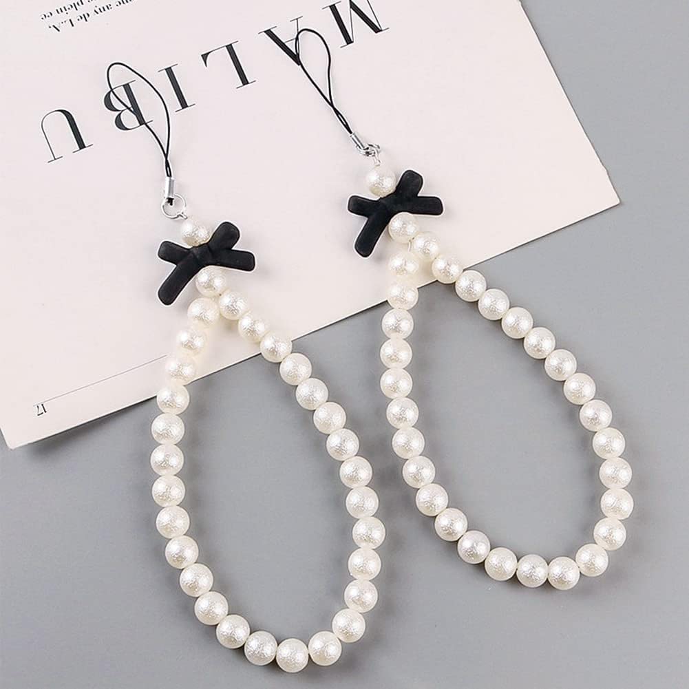 Fashionable White Pearl Beaded Phone Lanyard with Black Bow - Universal Anti-Lost Wrist Strap for Mobile Phones, Keychains & Wallets - Elegant Women's Accessory for Work, Travel & Daily Use