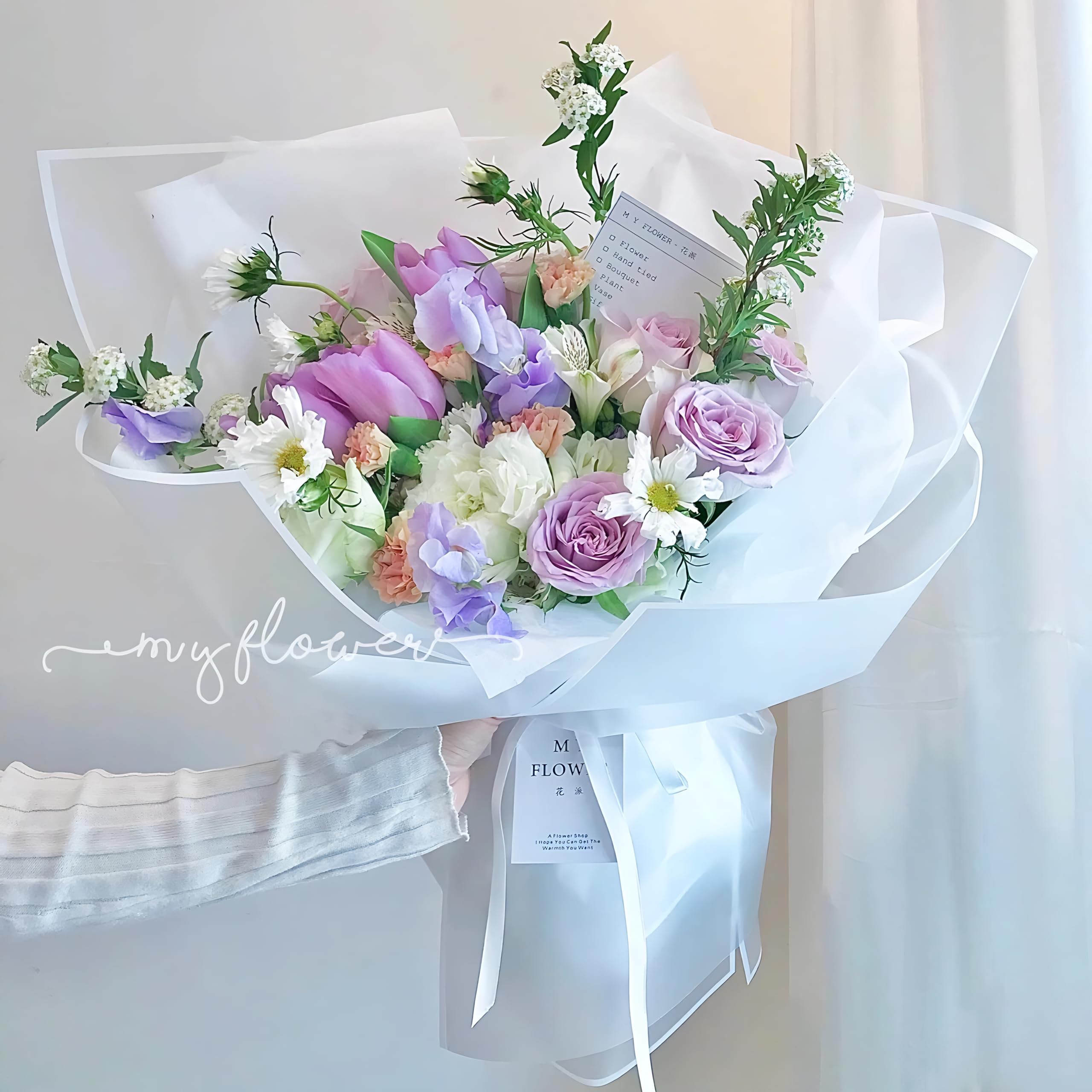Premium 20-Pack White Floral Wrapping Paper Sheets - Waterproof Bouquet Gift Wrap with Ribbons, 22.8