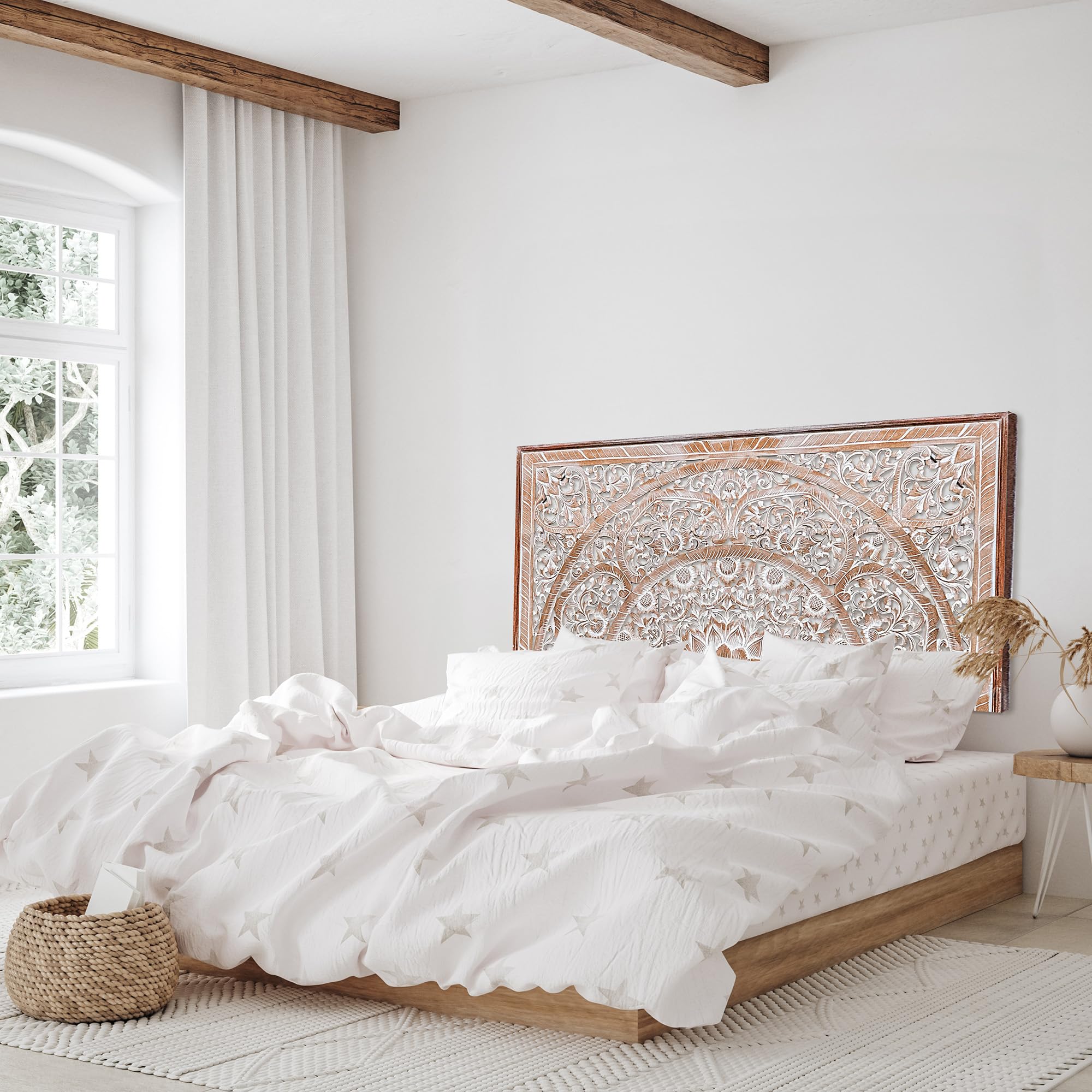 King Size White Washed Wood Headboard - Carved Full Bed Headboard Only | Solid Wood Headboard for King/Cal King Beds | Wall Mounted Bedroom Headboard Panel | Perfect for Master Bedroom, Guest Room & Farmhouse Decor
