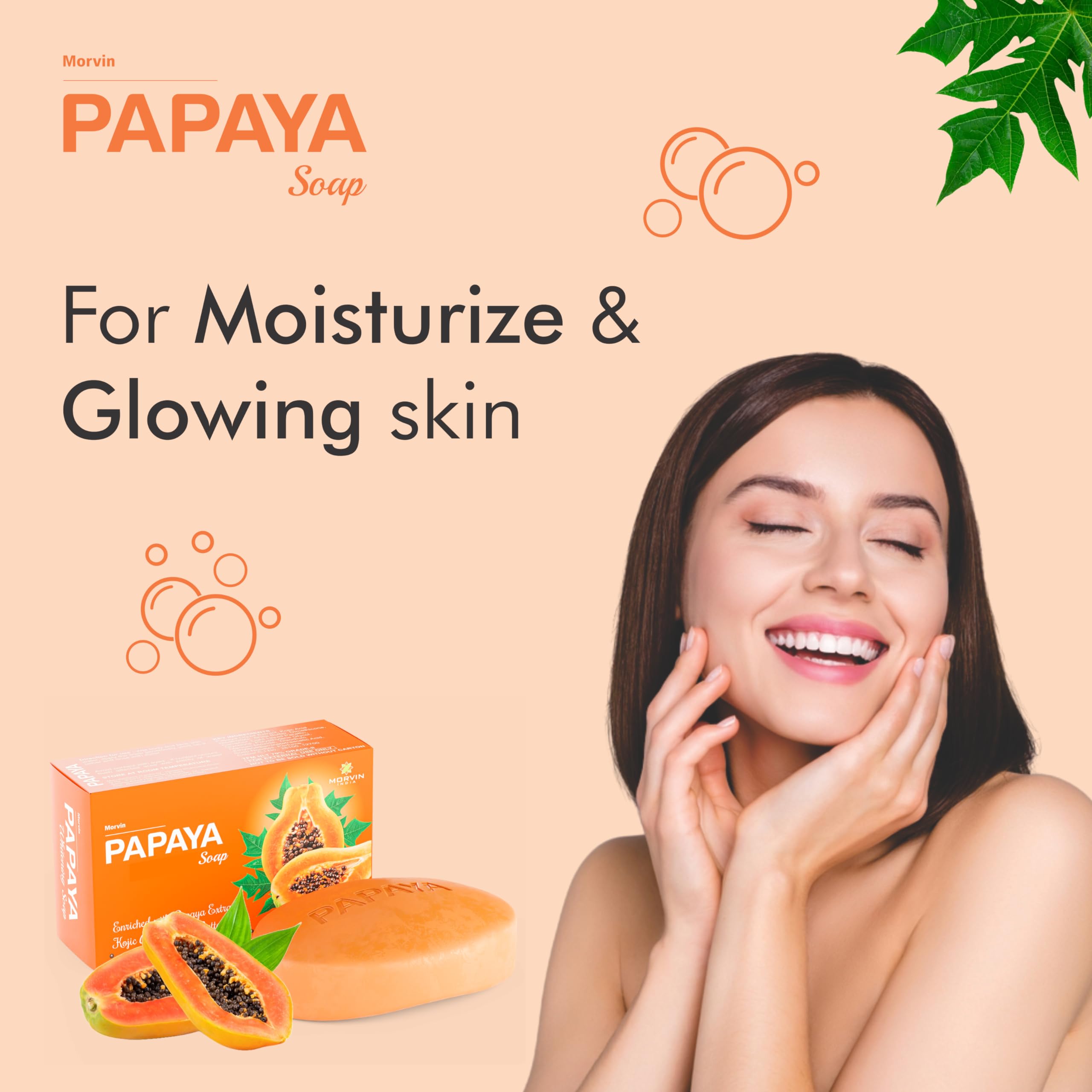 Morvin Papaya Soap for Dark Spots & Acne - Enriched with Papaya Extract & Shea Butter (75g) - Brightening Face & Body Cleanser for Glowing Skin | Perfect for Daily Skincare Routine