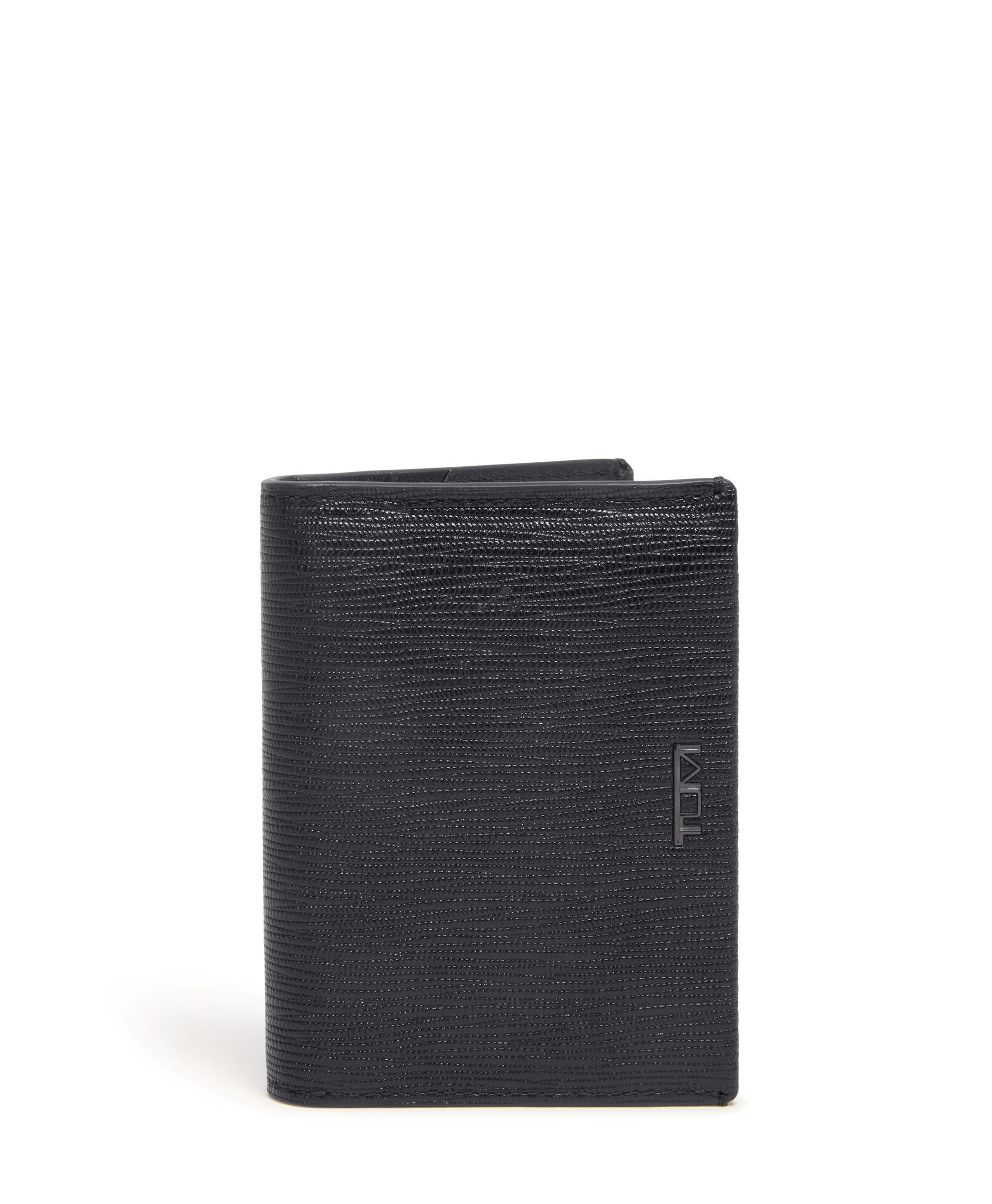 TUMI Nassau L-Fold Leather Card Holder Wallet for Men & Women with ID Window - Premium Nappa Leather - Embossed Black Design - Perfect for Business, Travel & Everyday Use