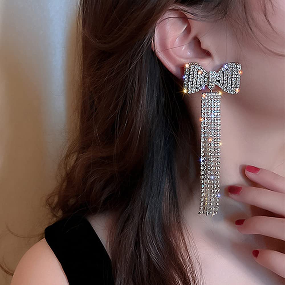 Wiwpar Elegant Long Fashion Bow Tassel Earrings for Women - Sparkling Rhinestone Dangle Earrings with Diamond Accents | Perfect for Parties, Weddings & Special Occasions