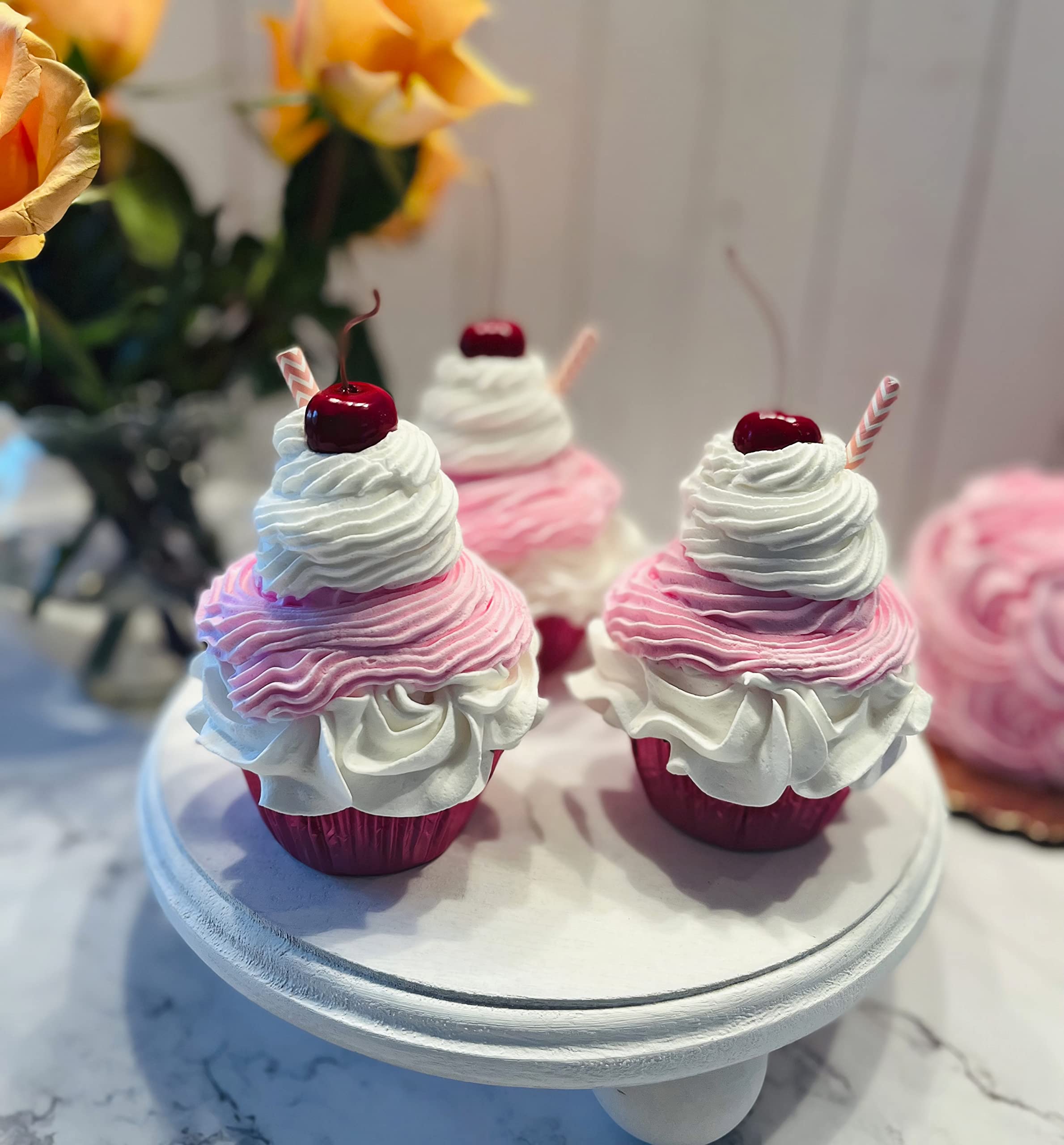 Artificial Fake Cupcakes & Cakes for Display - Faux Cake Decorations for Home, Kitchen & Party Decor - Strawberry Milkshake Pink Cupcake Fake Desserts - Perfect for Wedding, Birthday, Bakery & Dessert Table Displays