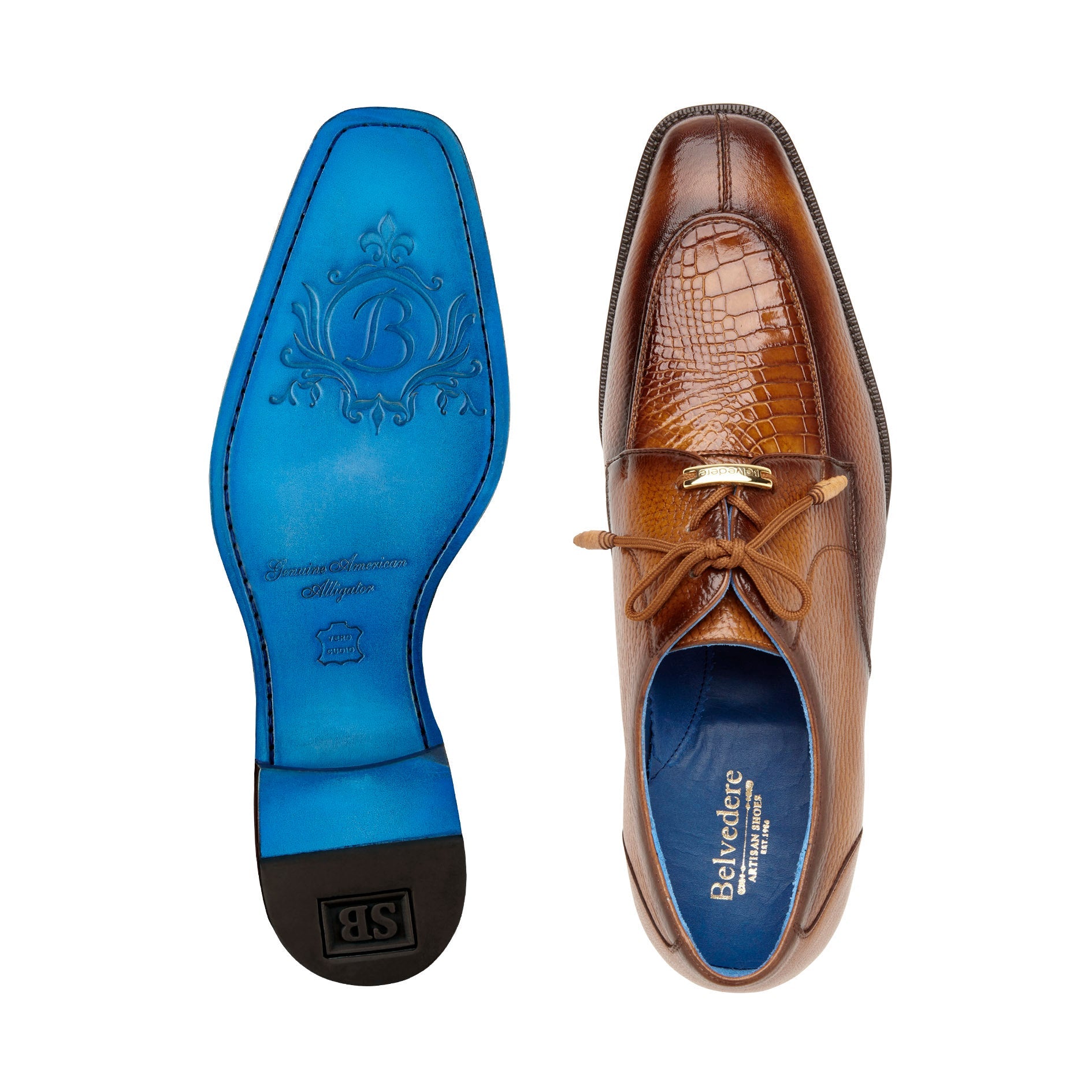 Belvedere Primo Genuine American Alligator & Pebble Grain Calf Leather Dress Shoes - Antique Almond Color R83 - Perfect for Business Meetings & Formal Occasions