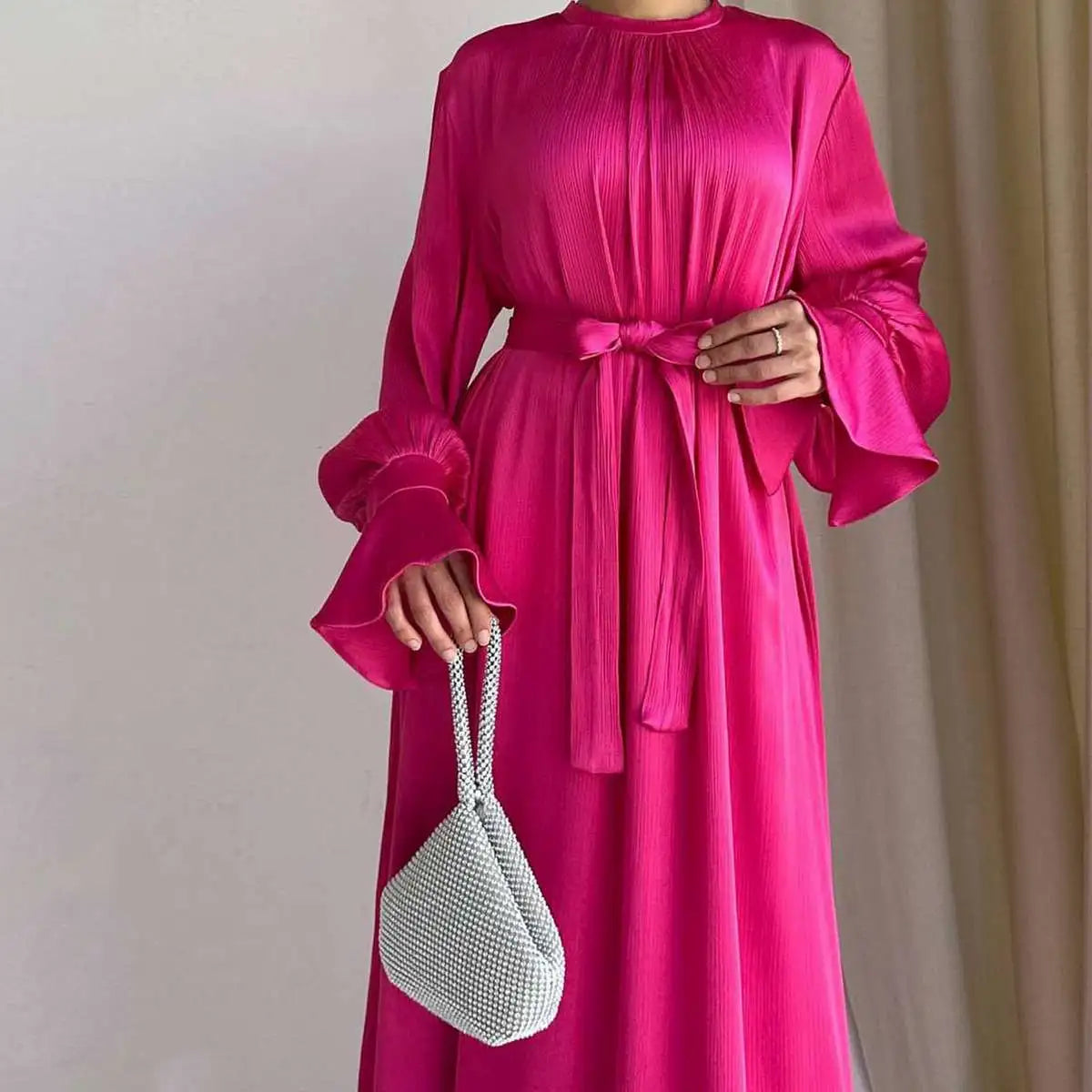Elegant Ruffle Sleeve Satin Abaya Dress for Women - Modest Islamic Prayer Dress - Perfect for Eid, Wedding & Special Occasions
