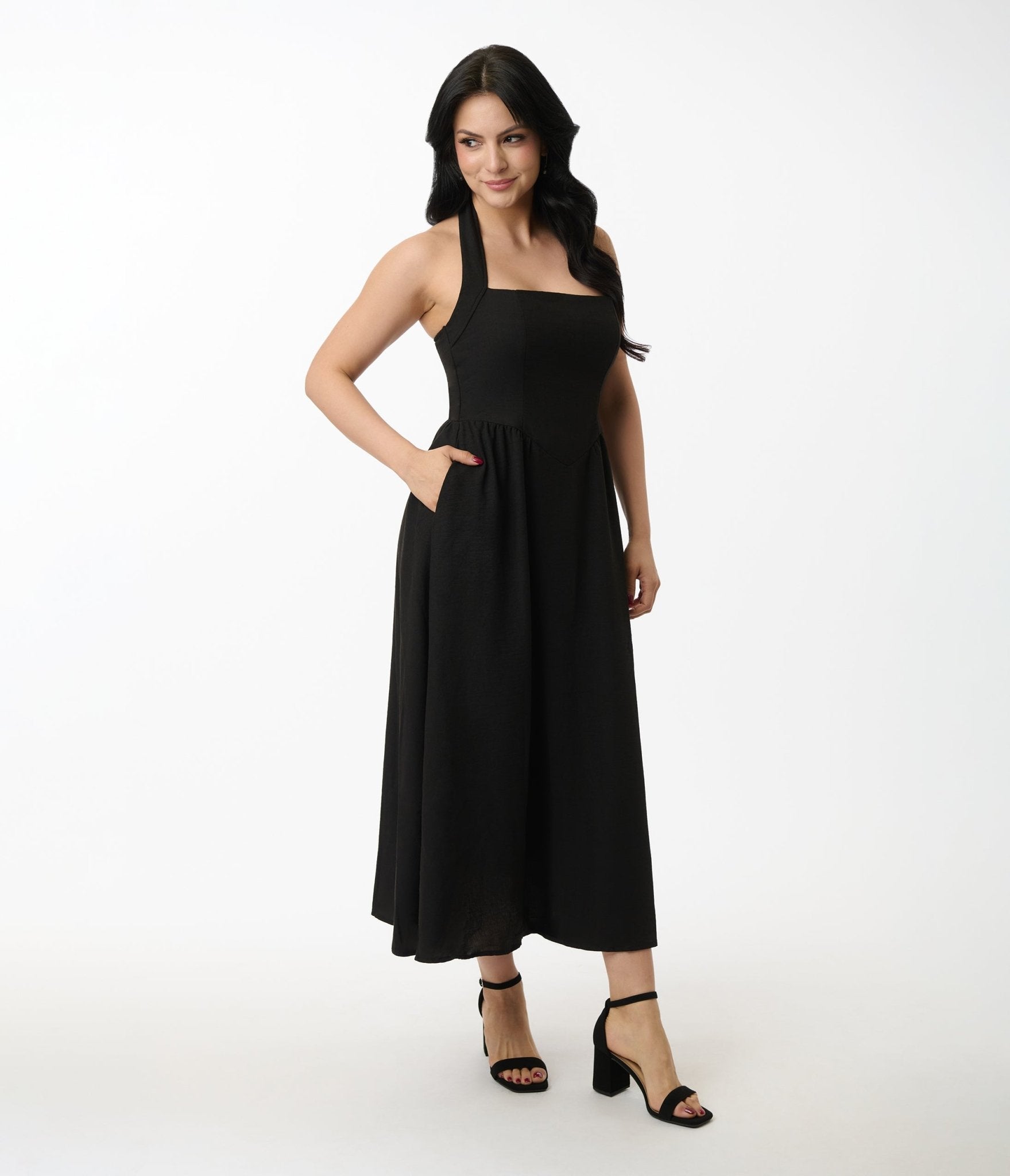 Elegant Solid Black Halter A-Line Midi Dress for Women | Summer Party, Cocktail, Wedding Guest Outfit
