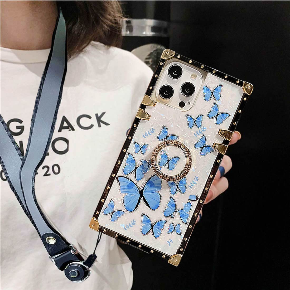 Premium Diamond Ring Holder Phone Case for iPhone 13 - Elegant Seashell Marble Design with Strap (Blue Butterfly Pattern) | Protective Cover with Secure Grip for Daily Use, Travel & Fashion Accessory