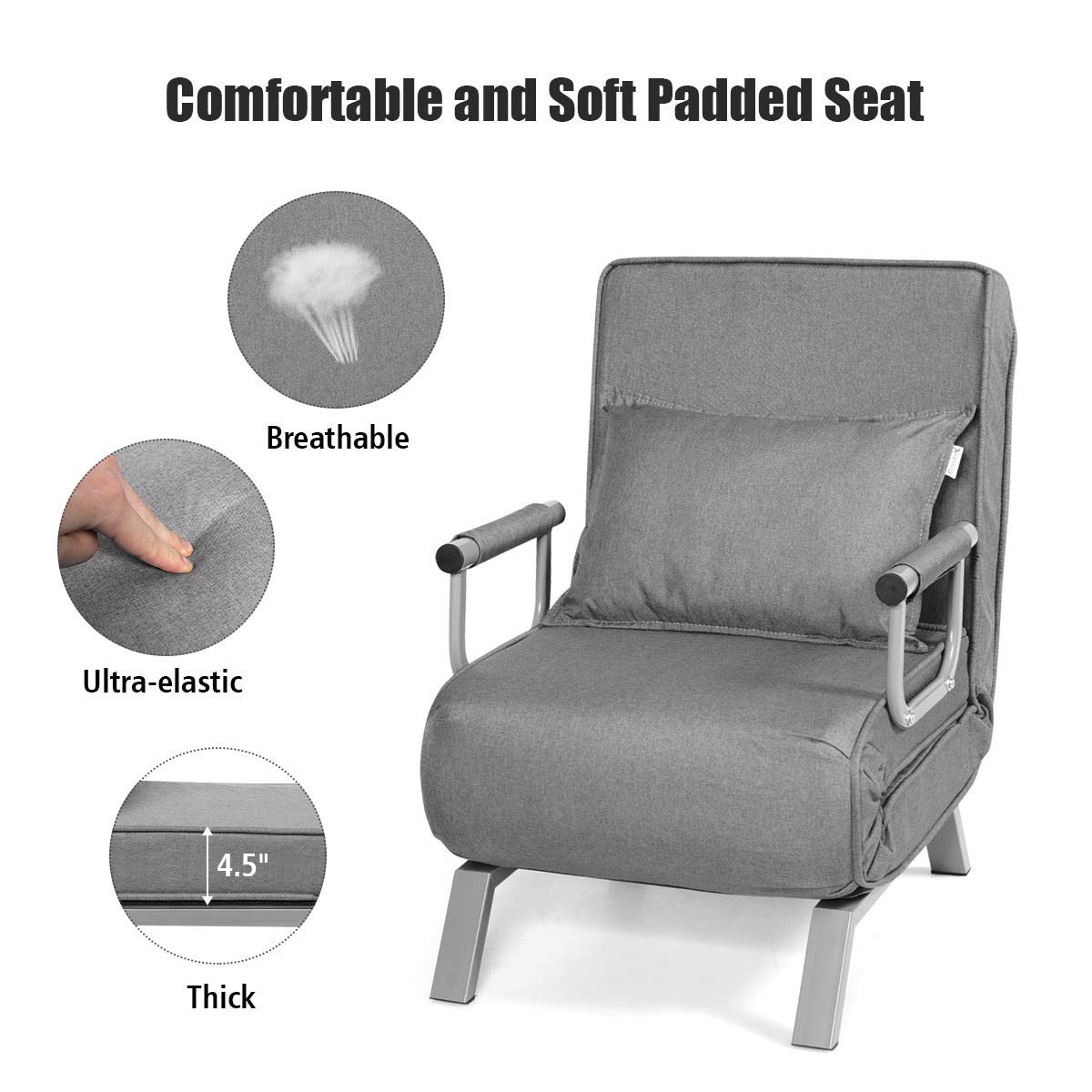 BANGTANE 3-in-1 Convertible Sofa Bed - Adjustable Backrest, Removable Cover & Pillow - Folding Sleeper Chair for Living Room, Bedroom, Office - Perfect for Small Spaces, Guest Sleeping & Relaxing (Grey)